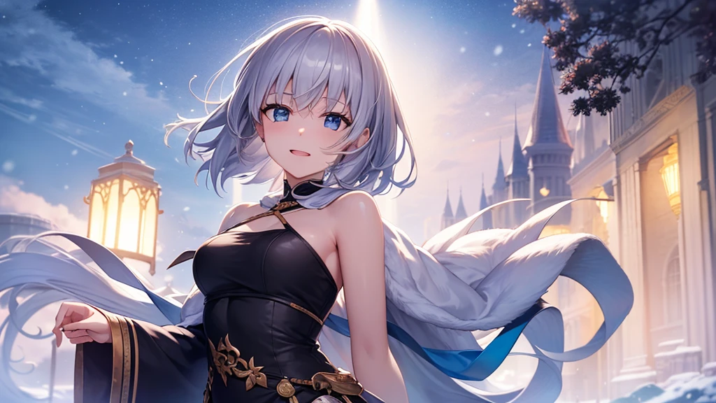 super high quality, with a girl, 20-year-old, very short hair, long bangs between the eyes, pale blue eyes , blue sky, sunlight, very detailed,(masterpiece、highest quality)、alone、gray hair、laughter、White skin as clear as snow、fantasy, silver hair, black eye, beautiful eyes,, ecstasy, charm, be smitten with audience, fantasyな風景、evening