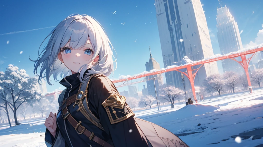 super high quality, with a girl, 20-year-old, very short hair, long bangs between the eyes, pale blue eyes , blue sky, sunlight, very detailed,(masterpiece、highest quality)、alone、gray hair、laughter、White skin as clear as snow、fantasy, silver hair, black eye, beautiful eyes,, ecstasy, charm, be smitten with audience, fantasyな風景、evening