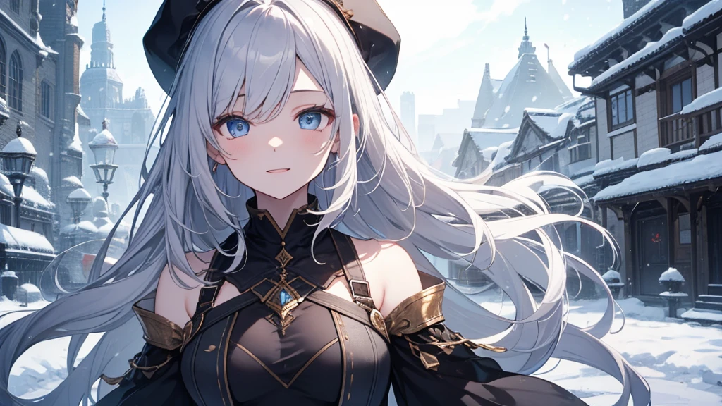 super high quality, with a girl, 20-year-old, very short hair, long bangs between the eyes, pale blue eyes , blue sky, sunlight, very detailed,(masterpiece、highest quality)、alone、gray hair、laughter、White skin as clear as snow、fantasy, silver hair, black eye, beautiful eyes,, ecstasy, charm, be smitten with audience, fantasyな風景、evening