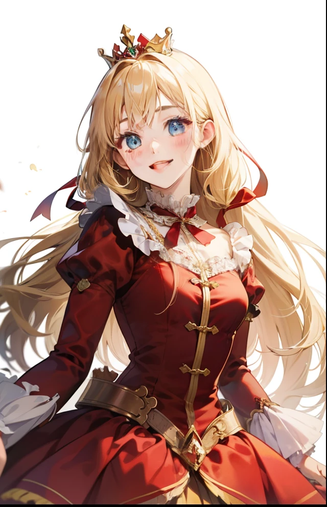 girl、white background、no background、blonde、long hair、Contrasting bangs、red dress、ribbon、frills、tiara、crown、tiaraを持っている、Rich man、Princess、blush、smile、cute、no background