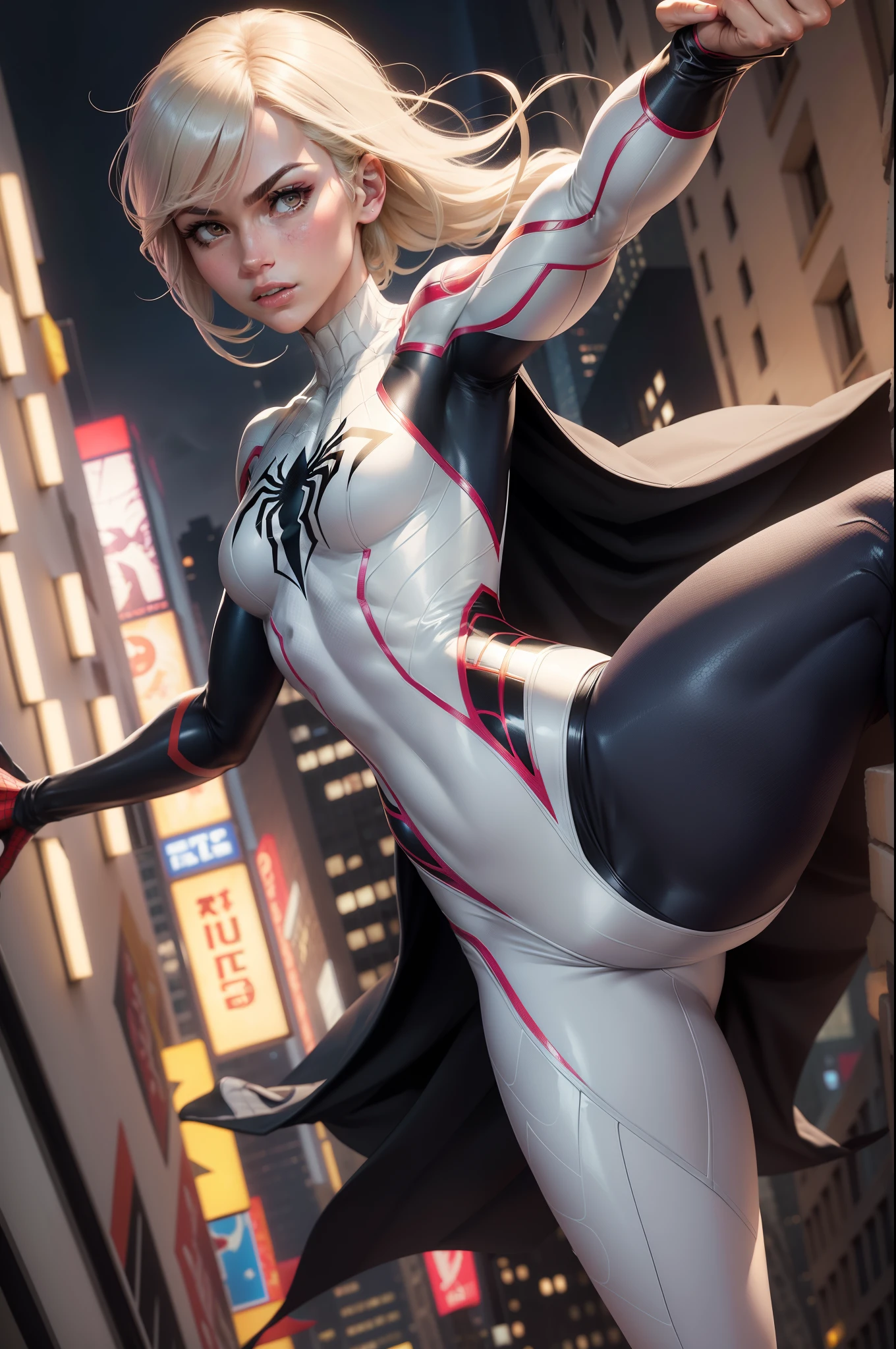 Female Spider-Man Gwen,White suit,Black spider symbol,Ballet shoes,golden ratio body, Flexible body,Calm expression,New York City at night,Handsome gestures,heroism,majestic-looking,Eight-pack abs