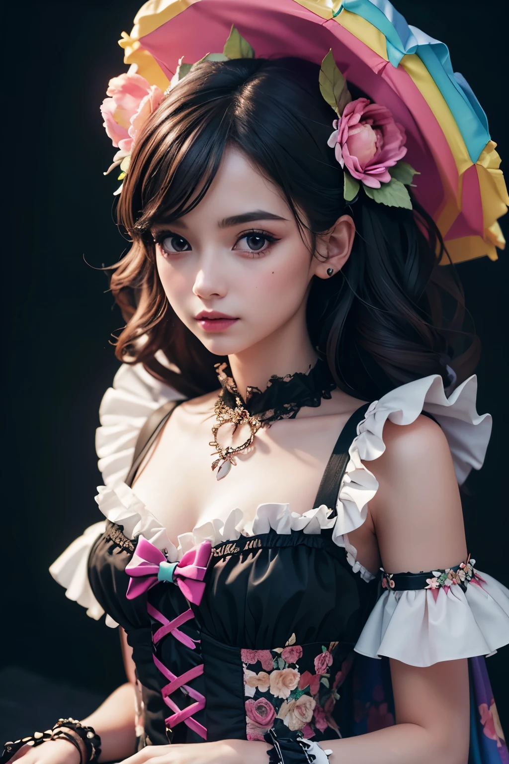 (best quality, 4k, 8k, highres, masterpiece:1.2), gothic girl, frilled dress, high-resolution, (floral Stylers:1.2), (rainbow sweets:1.2), ultra-detailed, realistic, portraits, vibrant colors, enchanting lighting