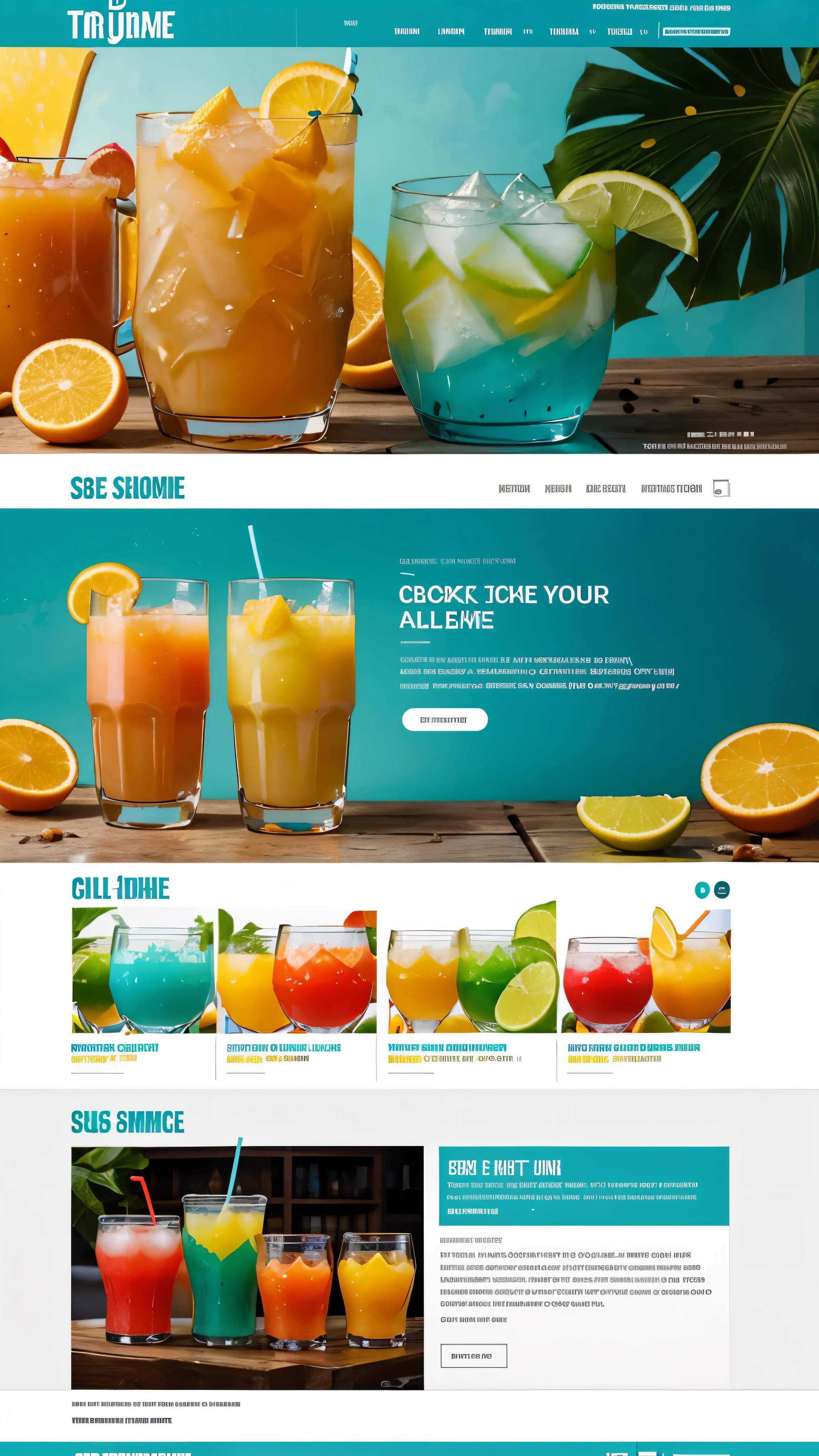 A web design for a beverage e-commerce business. The brand focuses on selling tropical juices and cocktails with a vibrant and refreshing feel, ui/ux, ui, ux, web design, color pallete: Orange, Green, Yellow, Light shades of blue or turquoise, modern and glossy web design, hero section must include a tagline, call to action and small description, must not include 2 hero sections