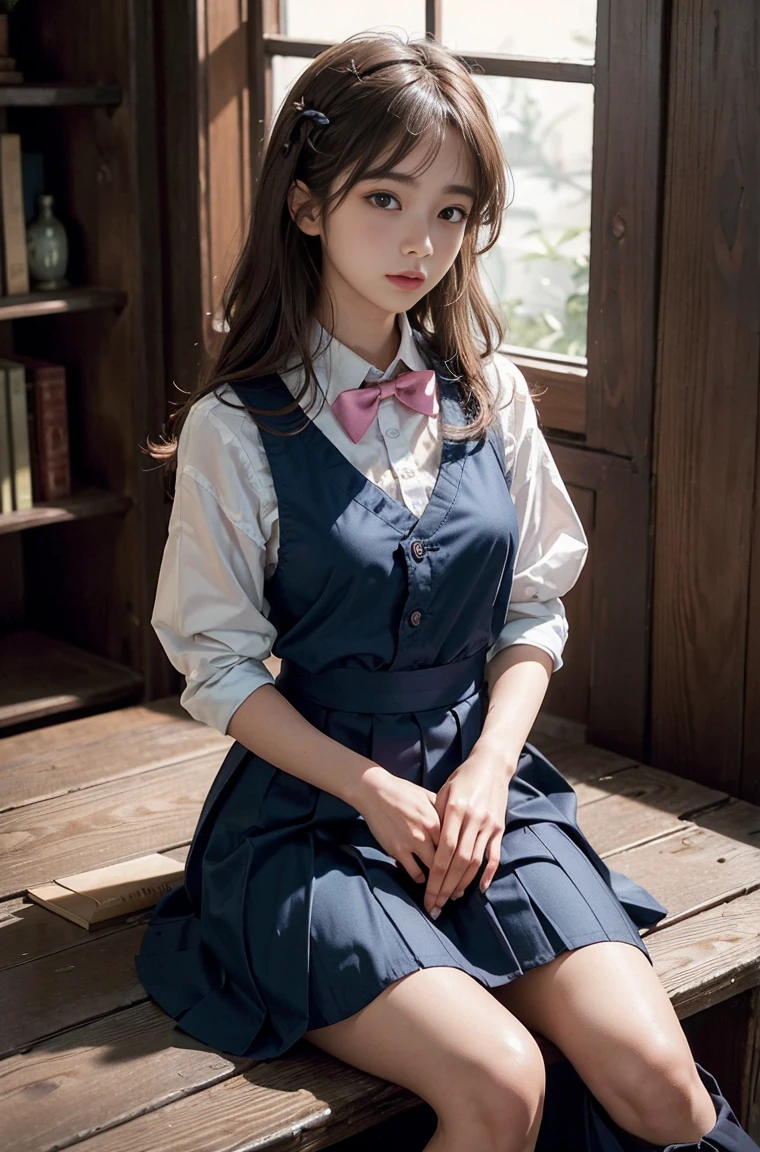 ((Highest quality, 8K, masterpiece:1.3, Realistic:1.3)), {{Sitting on the bed, From below}}, Balanced style、(((Remove the top half of your blouse、Wearing a tank top)))、(((Very good))、(A detailed depiction of her pointed nipples peeking through her blouse)、Very stylish Japanese school girl, Single women, very light brown hair, With bangs, (Japanese Uniform, White socks, Thick thighs,Cotton side string thong), Highly detailed face and skin texture, Beautiful Eyes, Lip details, Rocket Big Boobs、The hair is very well drawn, Sweating in the summer heat, abhor々Staring into the camera, Natural Makeup:1.0,Skirt Lift,High leg panties,EVA Uniform, One girl, alone, Tokyo 3 Middle ,
shirt, Short sleeve, Suspender skirt, Neck ribbon,
