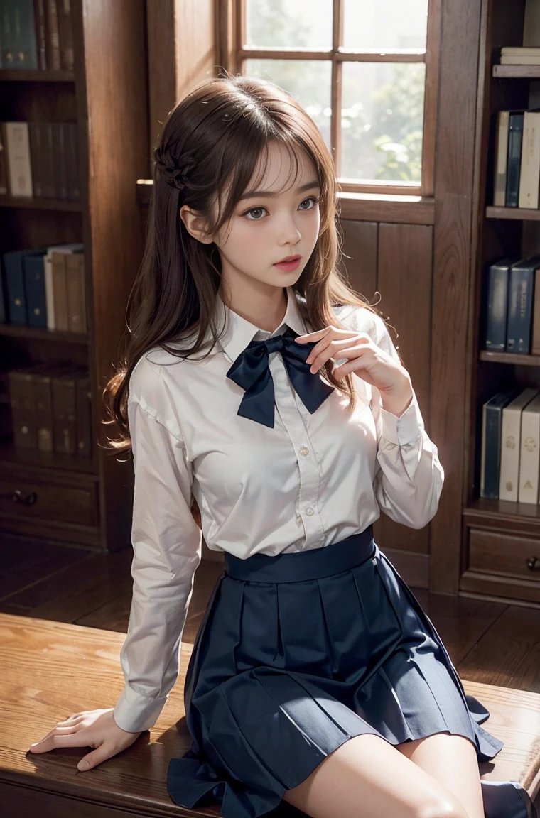的女人, (high top faded: 1.3), (low(low)), (soft focus), HD, masterpiece, HD, HD, 8k, 超HD, Very realistic shadows, Surrealism, 戏剧性的lamp光, 5 girls, Lie together, Detailed face, lifelike眼睛, lifelike皮肤, dynamic hair, dynamic poses, dynamic angle, (Pink shirt), (dark blue bow tie) , (((Dark blue long skirt)))), ((White long barrel))), Pool background, (original photo: 1.2), (lifelike: 1.4), beautiful and delicate woman, Extremely detailed eyes and face, beautiful and delicate eyes, File size is large, Very detailed的, high resolution, Very detailed, best quality, (bright interior), (soft light), (low对比度), ( see deeply), (Portrait of a beautiful woman illuminated by soft light), (Very delicate and elegant depiction), (short bangs), (Head color dark chestnut,Slightly brownish), (Subtle and silky waves), (long hair两侧错综复杂地编织小辫子), ((White long barrel))), illustration, Very detailed, BAPV, Unite, 8k wallpaper, Astonishing, Exquisite details, best quality, Highly detailed integrated 8k wallpapers so far this year, Coordinating Minister, lamp, 5 girls, 12 years oldcamel toe), (half), (Sit on bent knees and legs)), long hair, dark theme, soothing tone, pastel colors, high contrast, (natural skin texture, Surrealism, soft light, No耐烦), Soak up the tranquil atmosphere of the library.. soft diffused light gently illuminates their features., Emphasis on sophisticated appearance,Create a calm atmosphere. Library shelves filled with books,Provide background on knowledge and wisdom. It focuses on capturing models'Natural charm and elegance, Stay calm and consider the nature of the moment. Cute 12 year old Japanese gravure model,Soft body, gray brown wavy hair, Decorate with ribbon, charming appearance. Wearing a pink frilly shirt, Blue ruffled skirt and white ruffled socks. crawl to the ground, hold your knees tight,Staring at the camera, Exudes melancholy charm. Create scenes where beauty and ephemerality intertwine, national foundation