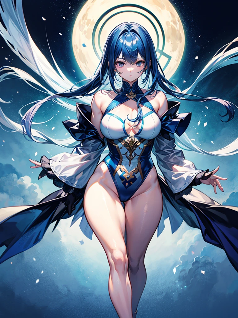 (((masterpiece、Highest image quality、highest quality、highly detailed unity 8kwallpaper)))、((Illustration of one girl))、(((beautiful girl)))、blue hair、stocky build, thickset physique:1.3, muscular legs, broad shoulders, solid chest、white clothes