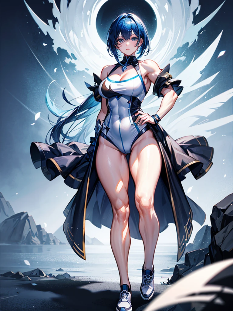 （（（masterpiece、Highest image quality、highest quality、highly detailed unity 8ｋwallpaper）））、（（Illustration of one girl））、（（（beautiful girl）））、blue hair、stocky build, thickset physique：1.3, muscular legs, broad shoulders, solid chest、white clothes