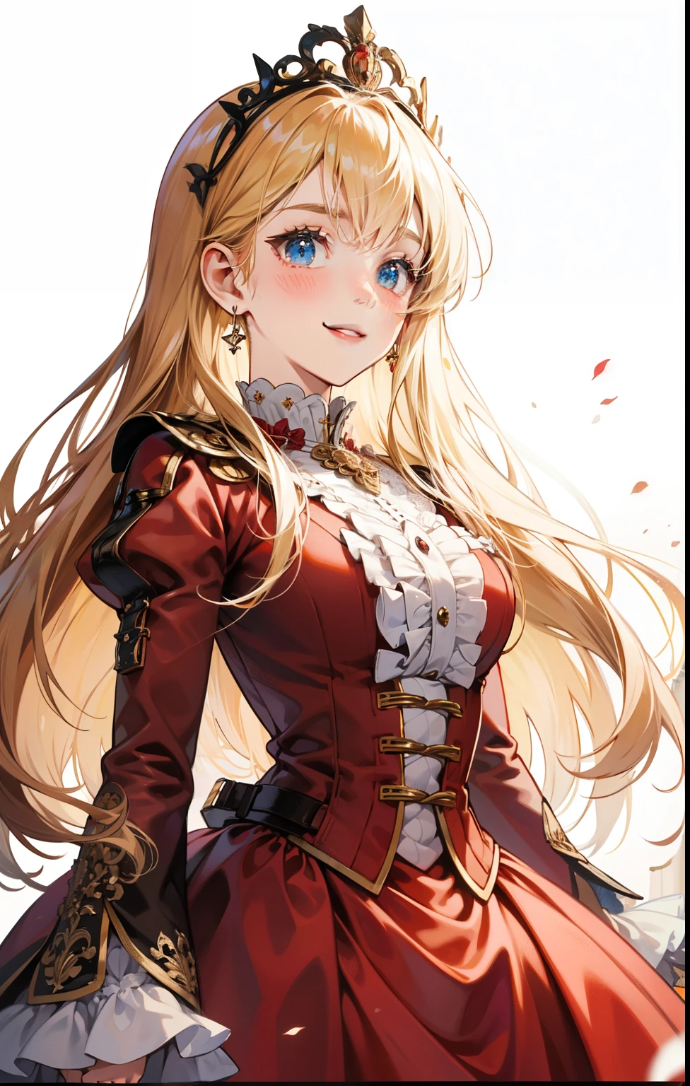 girl、white background、no background、blonde、long hair、Contrasting bangs、red dress、ribbon、frills、tiara、crown、tiaraを持っている、Rich man、Princess、blush、smile、cute、no background
