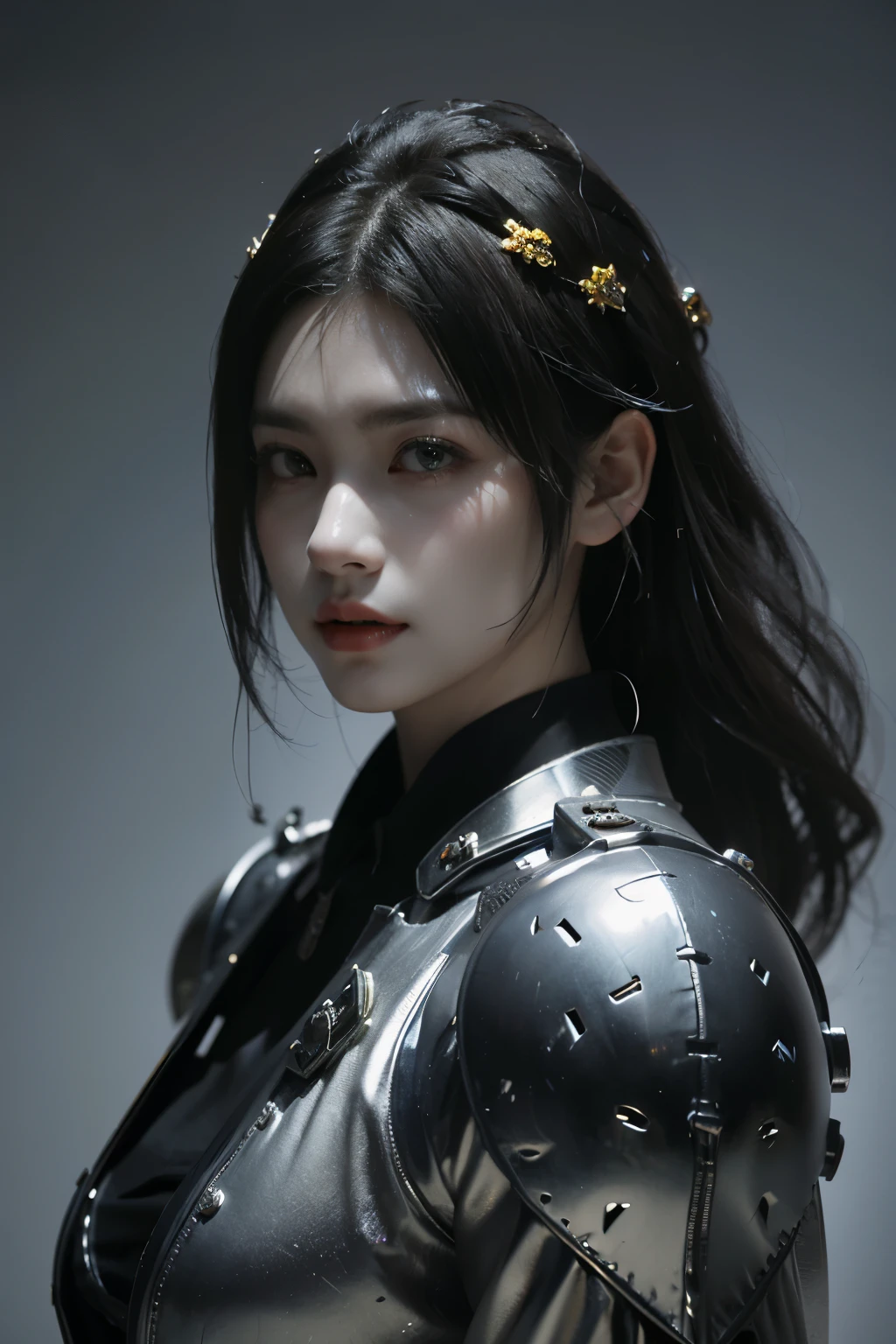 Game art，The best picture quality，Highest resolution，8K，((A bust photograph))，((Portrait))，(Rule of thirds)，Unreal Engine 5 rendering works， (The Girl of the Future)，(Female Warrior)， 22岁少女，(Female hackers)，(Ancient Oriental hairstyle)，(A beautiful eye full of detail)，(Big breasts)，(Eye shadow)，优雅迷人，冷漠，((Frown))，(Battle wear full of futuristic tech，Clothing combines futuristic power armor and police uniforms，The garments are adorned with glittering patterns and badges)，赛博朋克人物，未来风格， 拍照姿势，城市背景，Movie lights，Ray tracing，Game CG，((3D Unreal Engine))，oc渲染反射纹