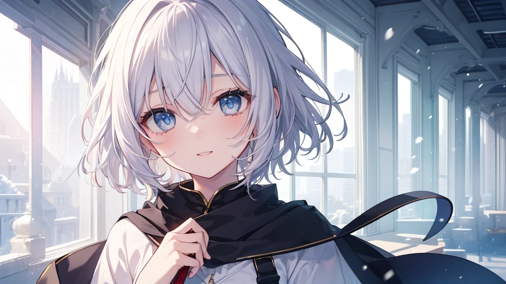 super high quality, with a girl, 20-year-old, very short hair, long bangs between the eyes, pale blue eyes , blue sky, sunlight, very detailed,(masterpiece、highest quality)、alone、gray hair、laughter、White skin as clear as snow、fantasy, silver hair, black eye, beautiful eyes,, ecstasy, charm, be smitten with audience, fantasyな風景、evening