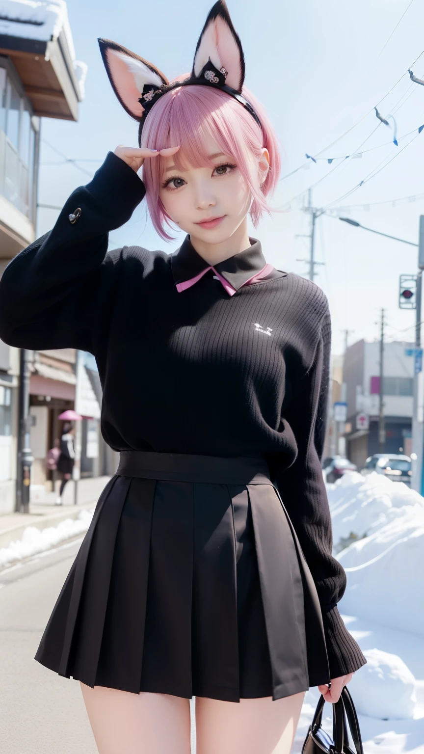 Japan black school uniform、Pink rabbit ears、Black sailor suit in Japan、Black Uniform Skirt、black skirt、white dress shirt、Panty shot、Japanese group idol、AKB48、Pants visible from skirt、open your legs、spread your legs、snow scene、winter scenery、Pink short cut hair、pink hair color、Pink rabbit ears stick out of the head、the woman is japanese、K-pop、cute face、Small underwear、muste piece、Transparent white skin、pink hair、Beautiful rabbit woman、Healthy five-fingered not ragged、Number of normal fingers、small breasts、short cut bob、不快感のないAnatomically correct number of fingers、beautiful nose、beautiful eyes、Rear view、Raise your ass and street、Pink short cut hair、(8K, highest quality, masterpiece:1.2), (real, photorealistic:1.37)、cute、Report、(A sloppy smile:1.15)、(smile)、small breasts、(short hair:1.2)、master piece、ピンクのshort cut bob、realなウサギの耳、ピンクのrealなウサギの耳、頭から突き出ているウサギのrealな耳、pink hair、A beautiful girl with a bewitching atmosphere、beautiful shaped hands、K-pop、Pink rabbit ears、1 girl、Report、masterpiece、highest quality、real、hyper detail、disorganized、短いpink hair、Slender beauties、dynamic lighting、High resolution、sharp focus、Depth of bounds written、(thick thighs:1.0)、slender :1.2,((short cut bobの髪))、((K-pop:1.3)),Highly detailed face and skin texture、((troublesome)),Anatomically correct number of fingers,correct anatomy