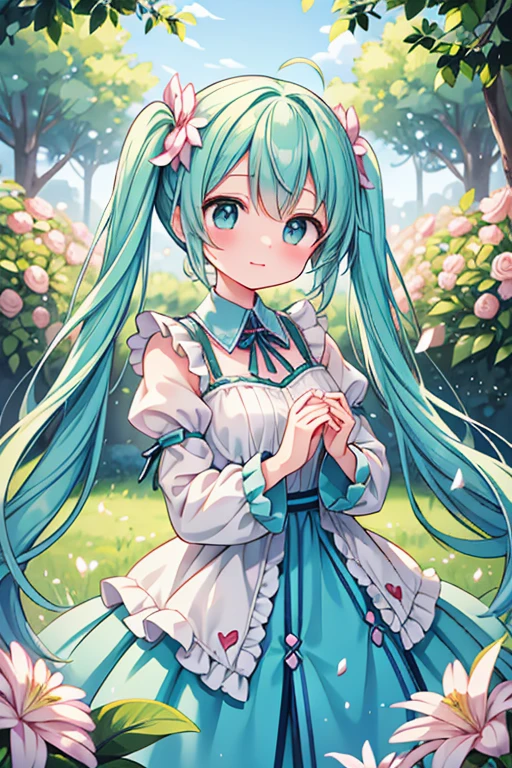 Kasane Teto hugging Hatsune Miku,illustration,pastel colors,soft lighting,(best quality,highres:1.2),cute interactions,tender embrace,lush garden background,bright blue sky,flowers blooming,delicate petal details,flowing long hair,sparkling eyes,playful expression,lovely outfits,harmonious color palette,happy atmosphere,musical notes in the air,detailed features,subtle blush on their cheeks,gentle smiles,peaceful ambiance,soft shadows,meticulous painting,textured background,artistic flair,emotionally captivating scene,whimsical touches,heartwarming friendship,unity between characters,sweet moments captured,endearing charm.
