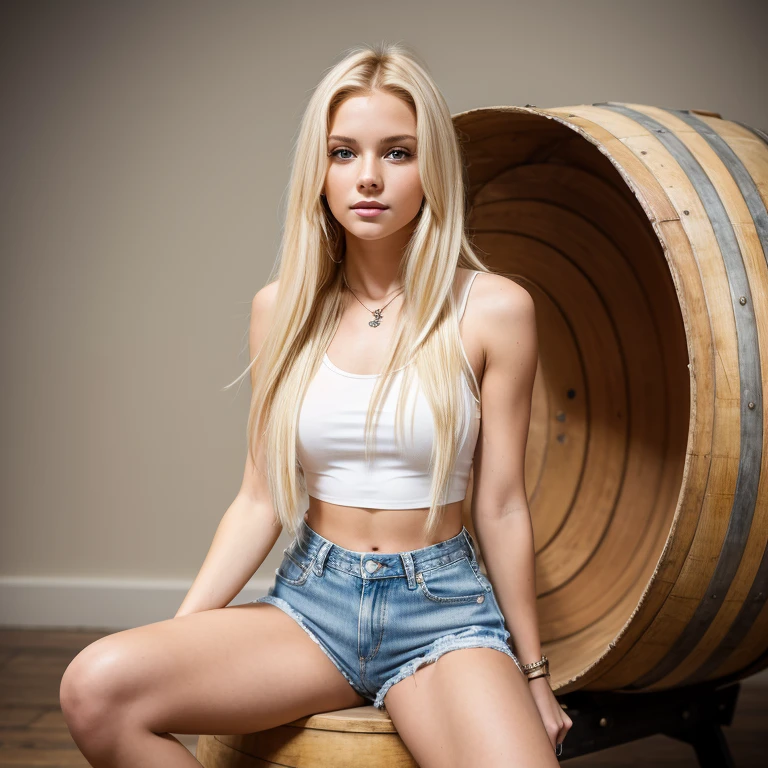 A beautiful young woman with long blonde hair, wearing a white crop top and denim shorts, sits on a white barrel. She has her legs crossed and is looking directly at the camera.