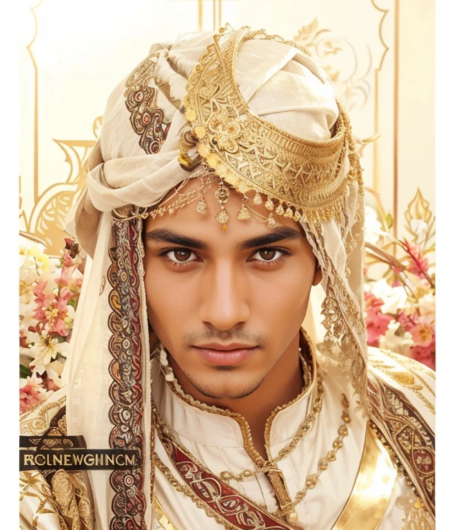 A very handsome and charming Arabian Young Man with brown skin and sharp yellow eyes like the wolf eyes and he wears traditional Arabian clothes 