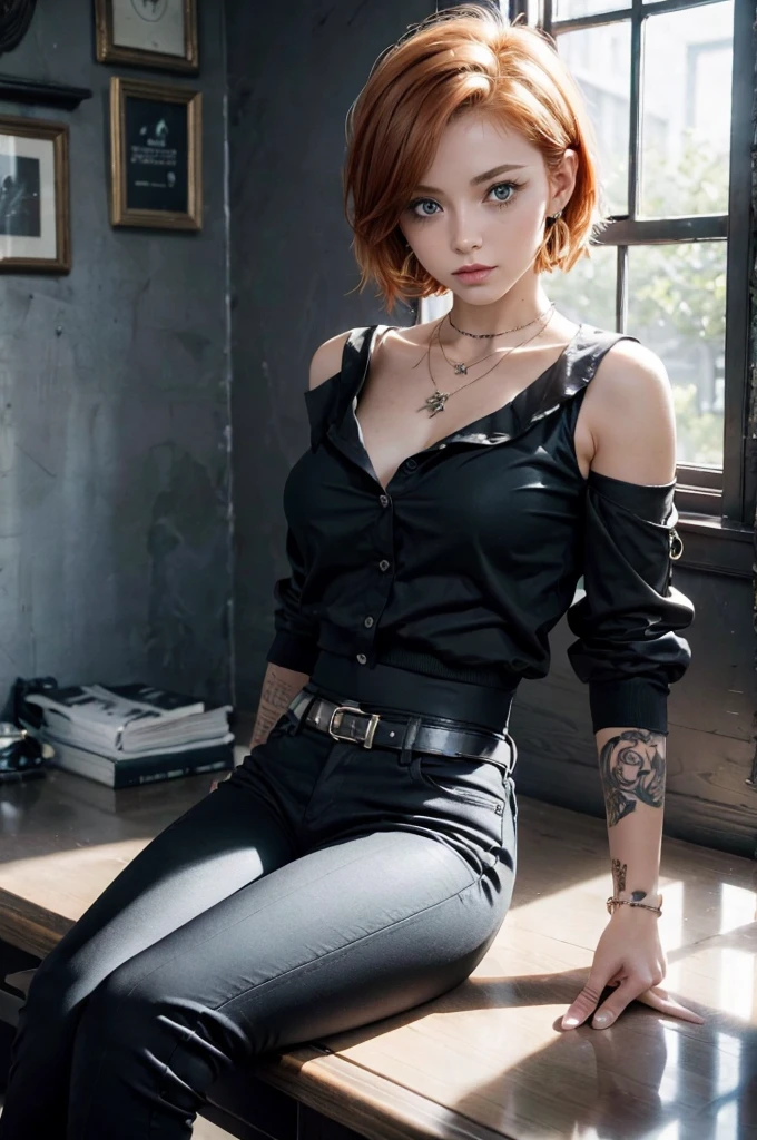 (masterpiece), highest quality, Girl sitting by the window, Emotional, emo girl,Sad girl, redhead,cute, quick wit, close,short hair, blue eyes, black clothes, sensual, (shining eyes), aesthetics,style, stylish, earrings, cheerfulness,Naughty, Naughty,  smug, Excellent, Ear Nipple Ring,  the wallpaper, 4K, wall, nice, bad, cropped shirt, defined abdomen, sexy, belt, Black pantsuit, comfortable,  

Break she uses a sleeveless shirt, She wears a cropped white shirt, She wears a necklace, she has a tattoo on her arm, she has tattoos on her abdomen, she was wearing black pants