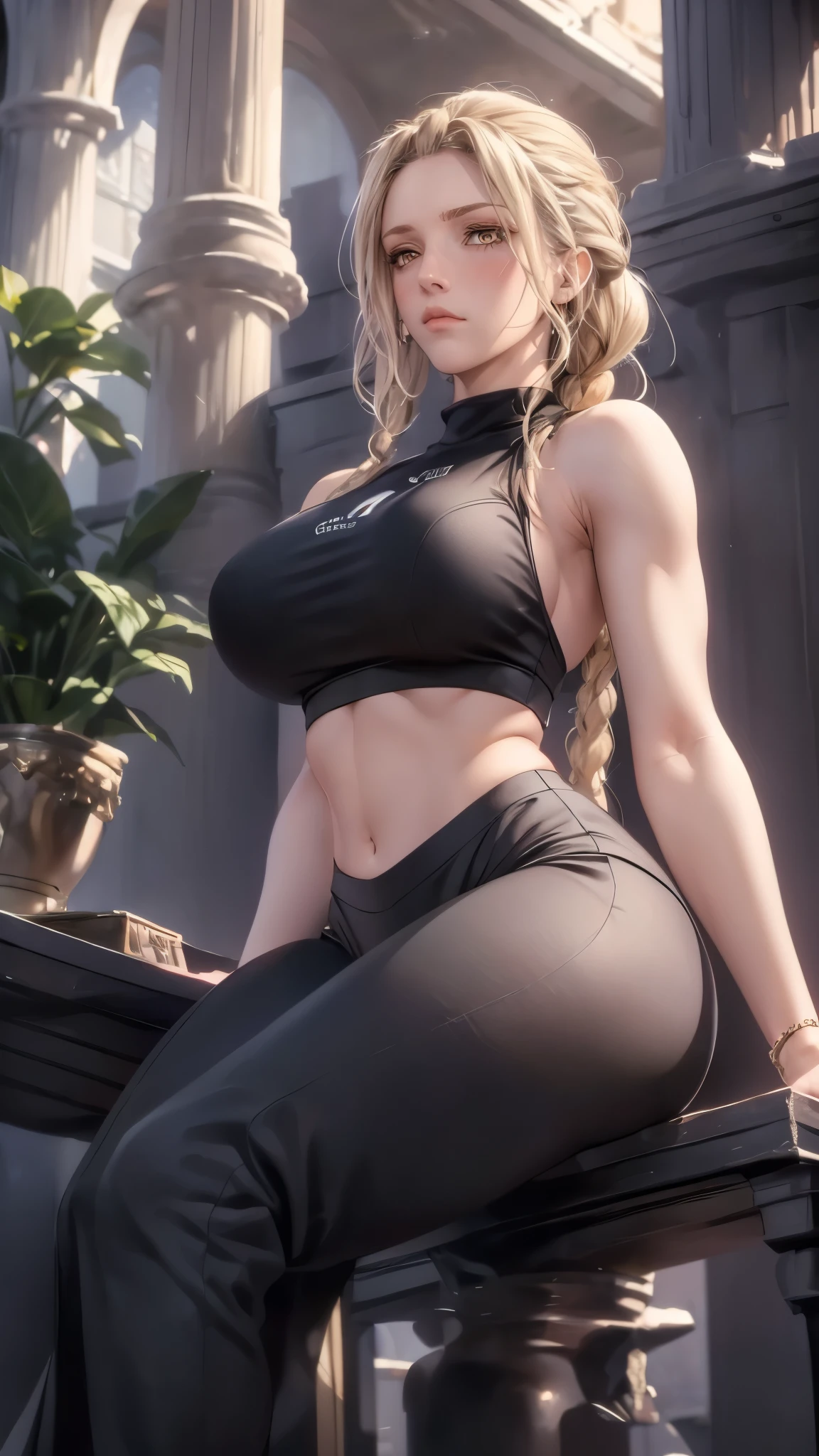 (((Black gym suits,black and purple top,Gym clothes, (((danya,long hair, blonde hair,braid,pauldorns,yellow eyes, open eyes, ))),(((wide hips))),S-shaped body:1.7))),((masterpiece)),high resolution, ((Best quality at best)),masterpiece,quality,Best quality,((( Exquisite facial features,looking at the audience,There is light in the eyes,blush,shy ))),(((Light and shadow interlace,huge ))),(((from below,look up)))