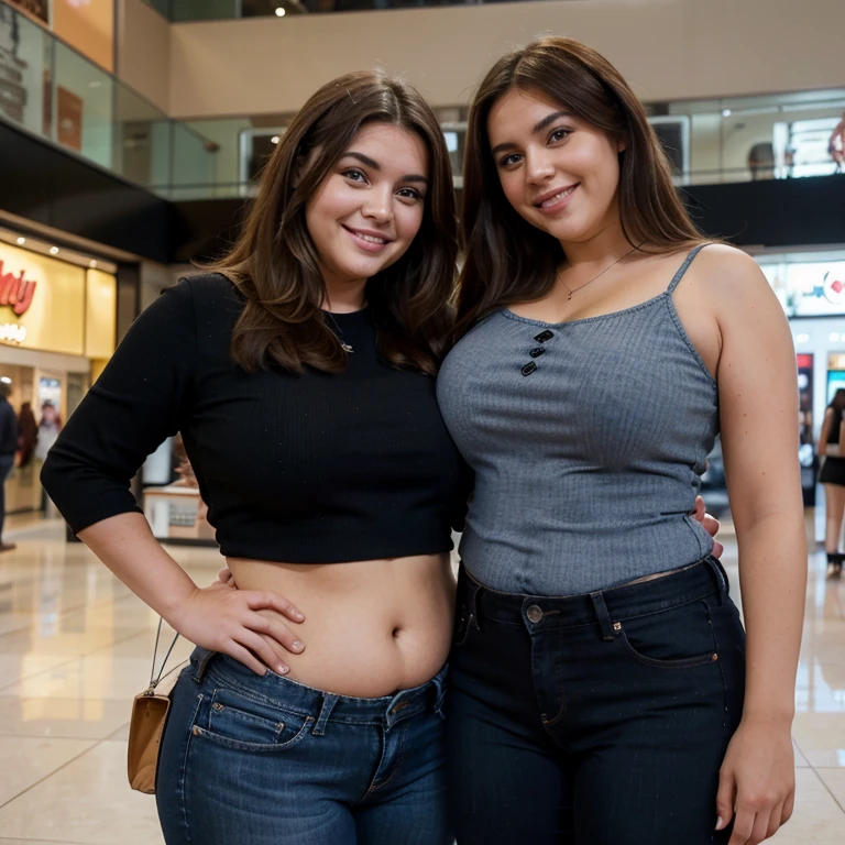 Chubby bbw fat (Spanish Angeles Martin actress), Brown hair, wearing blue jeans and black blouse, posing for camerra with boyfriend, in shopping mall, smiley expression