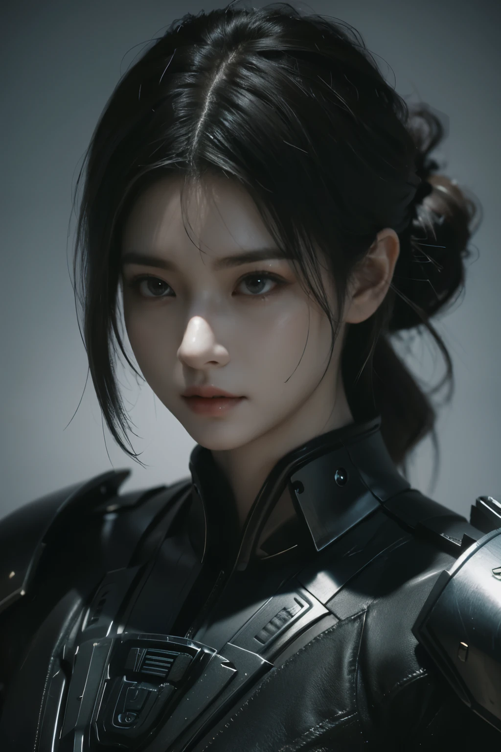 Game art,The best picture quality,Highest resolution,8K,((A bust photograph)),((Portrait)),(Rule of thirds),Unreal Engine 5 rendering works, (The Girl of the Future),(Female Warrior), 22岁少女,(Female hackers),(Ancient Oriental hairstyle),(A beautiful eye full of detail),(Big breasts),(Eye shadow),优雅迷人,冷漠,((Frown)),(Battle wear full of futuristic tech,Clothing combines futuristic power armor and police uniforms,The garments are adorned with glittering patterns and badges),赛博朋克人物,未来风格, 拍照姿势,城市背景,Movie lights,Ray tracing,Game CG,((3D Unreal Engine)),oc渲染反射纹
