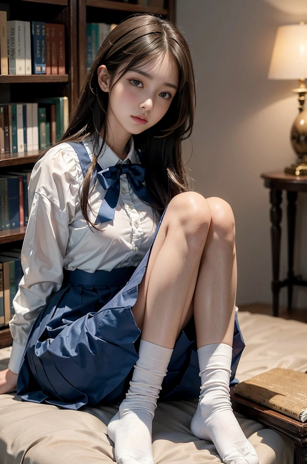 20 year old woman, (high top faded: 1.3), (low(low)), (soft focus), HD, masterpiece, HD, HD, 4K, 超HD, Very realistic shadows, Surrealism, 戏剧性的lamp光, a girl, alone, Detailed face, lifelike眼睛, lifelike皮肤, dynamic hair, dynamic poses, dynamic angle, (White shirt), (dark blue bow tie) , (((Dark blue long skirt)))), ((white hem socks))), library background, (original photo: 1.2), (lifelike: 1.4), beautiful and delicate woman, Extremely detailed eyes and face, beautiful and delicate eyes, Larger file size, 一个Very detailed的, high resolution, Very detailed, best quality, (bright interior), (soft light), (low对比度), ( see deeply), (Portrait of a beautiful woman illuminated by soft light), (Very delicate and elegant depiction), (short bangs), (Head color dark chestnut,Slightly brownish), (Subtle and silky waves), (long hair两侧错综复杂地编织小辫子), ((white hem socks))), illustration, Very detailed, BAPV, unity, 8k wallpaper, amazing, Exquisite details, best quality, Highly detailed integrated 8K wallpapers so far this year, Coordinating Minister, lamp, 1 girl, 25 years old, (((No)), (camel toe), (half), (Sit on bent knees and legs)), long hair, dark theme, soothing tone, pastel colors, high contrast, (natural skin texture, Surrealism, soft light, No耐烦), Capturing the serene beauty of a young woman immersed in the peaceful atmosphere of a library.. Soft diffused light gently illuminates her features., It emphasizes her sophisticated look and creates a calm atmosphere. Library shelves filled with books,Provide background on knowledge and wisdom. It focuses on capturing models'Natural charm and elegance, Stay calm and consider the nature of the moment. Cute 21 year old Japanese gravure model,Soft body, gray brown wavy hair, Decorate with ribbon, charming appearance. She wears a frilly white blouse, Blue ruffled skirt and white ruffled socks. sitting on bed, She hugged her knees,Staring at the camera, Exudes melancholy charm. Create scenes where beauty and ephemerality intertwine, national foundation