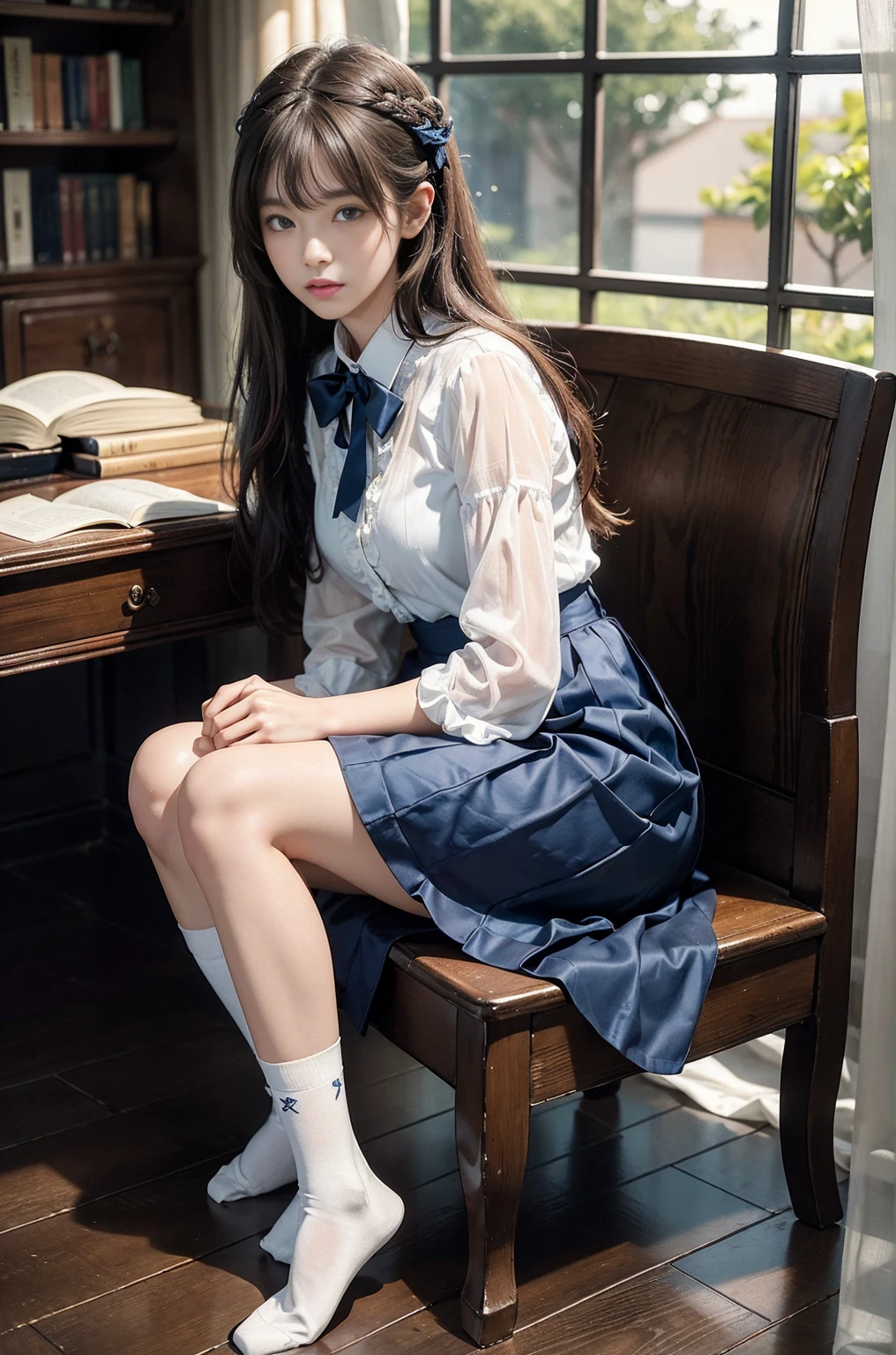 20 year old woman, (high top faded: 1.3), (low(low)), (soft focus), HD, masterpiece, HD, HD, 4K, 超HD, Very realistic shadows, Surrealism, 戏剧性的lamp光, a girl, alone, Detailed face, lifelike眼睛, lifelike皮肤, dynamic hair, dynamic poses, dynamic angle, (White shirt), (dark blue bow tie) , (((Dark blue long skirt)))), ((white hem socks))), library background, (original photo: 1.2), (lifelike: 1.4), beautiful and delicate woman, Extremely detailed eyes and face, beautiful and delicate eyes, Larger file size, 一个Very detailed的, high resolution, Very detailed, best quality, (bright interior), (soft light), (low对比度), ( see deeply), (Portrait of a beautiful woman illuminated by soft light), (Very delicate and elegant depiction), (short bangs), (Head color dark chestnut,Slightly brownish), (Subtle and silky waves), (long hair两侧错综复杂地编织小辫子), ((white hem socks))), illustration, Very detailed, BAPV, unity, 8k wallpaper, amazing, Exquisite details, best quality, Highly detailed integrated 8K wallpapers so far this year, Coordinating Minister, lamp, 1 girl, 25 years old, (((No)), (camel toe), (half), (Sit on bent knees and legs)), long hair, dark theme, soothing tone, pastel colors, high contrast, (natural skin texture, Surrealism, soft light, No耐烦), Capturing the serene beauty of a young woman immersed in the peaceful atmosphere of a library.. Soft diffused light gently illuminates her features., It emphasizes her sophisticated look and creates a calm atmosphere. Library shelves filled with books,Provide background on knowledge and wisdom. It focuses on capturing models'Natural charm and elegance, Stay calm and consider the nature of the moment. Cute 21 year old Japanese gravure model,Soft body, gray brown wavy hair, Decorate with ribbon, charming appearance. She wears a frilly white blouse, Blue ruffled skirt and white ruffled socks. sitting on bed, She hugged her knees,Staring at the camera, Exudes melancholy charm. Create scenes where beauty and ephemerality intertwine, national foundation