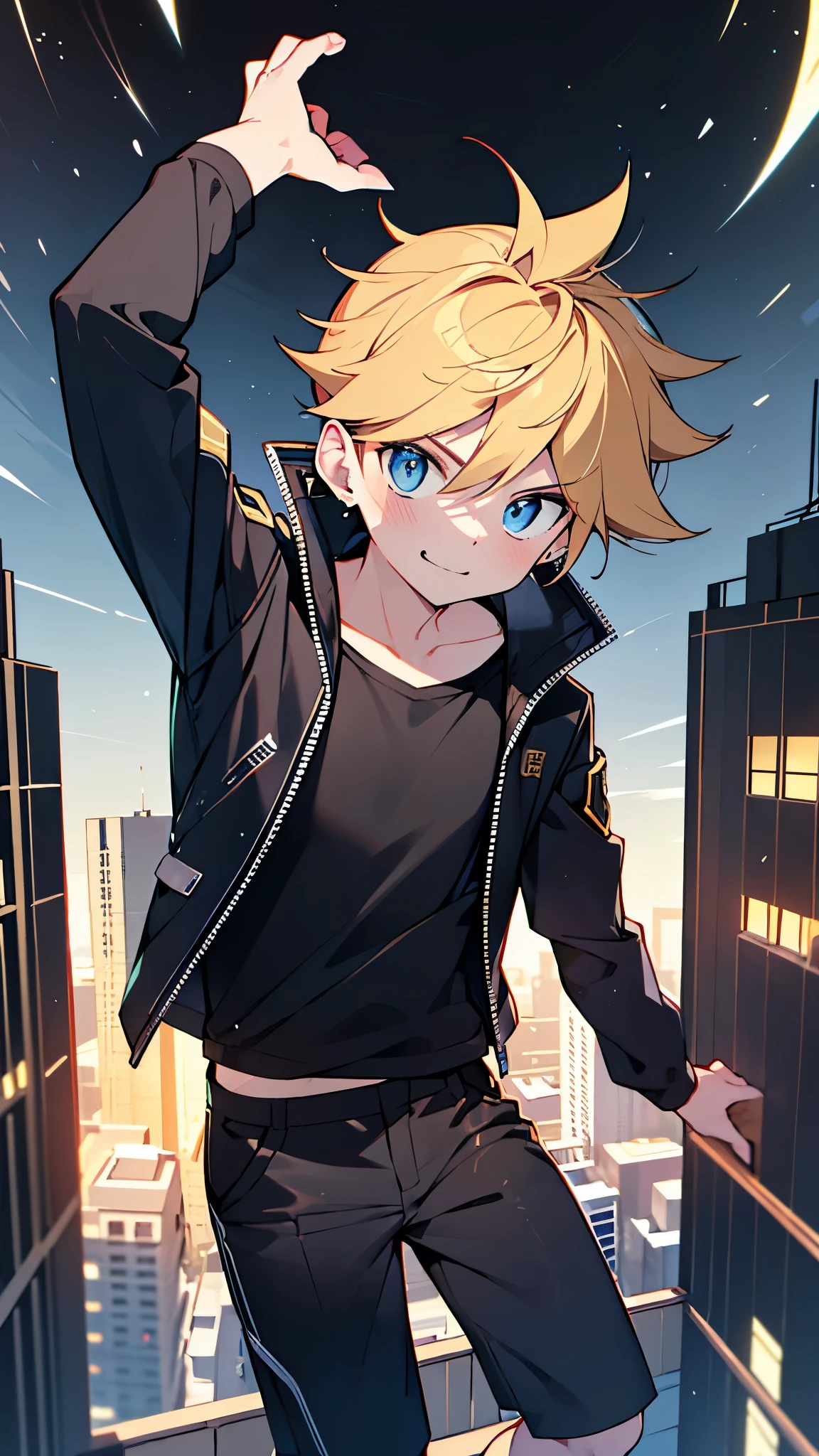 highres,wallpaper,solo,little boy,1 boy,original,illustration,blue eyes,yellow hair,masterpiece,male,male focus,boy, ((masterpiece)),(((best quality))), (high-quality, breathtaking), (expressive eyes, perfect face), 1boy, solo, male, short,, on top of building, night sky, dark, buildings, wear short shorts, smirk,shorts:1.3,(black combatant uniform:1.1,bulge:1.4,dark power:1.3,sentai,black:1.3, all black outfits:1.1,erect under pants),