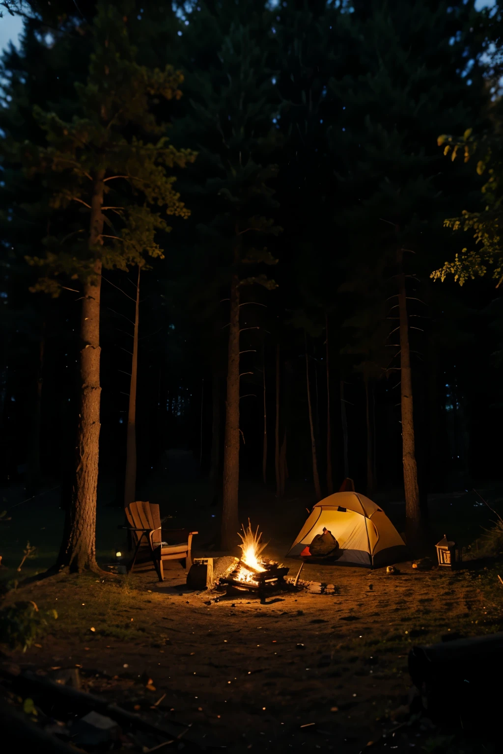 Night, fireplace near tent. This place is in forest in the wild nature.