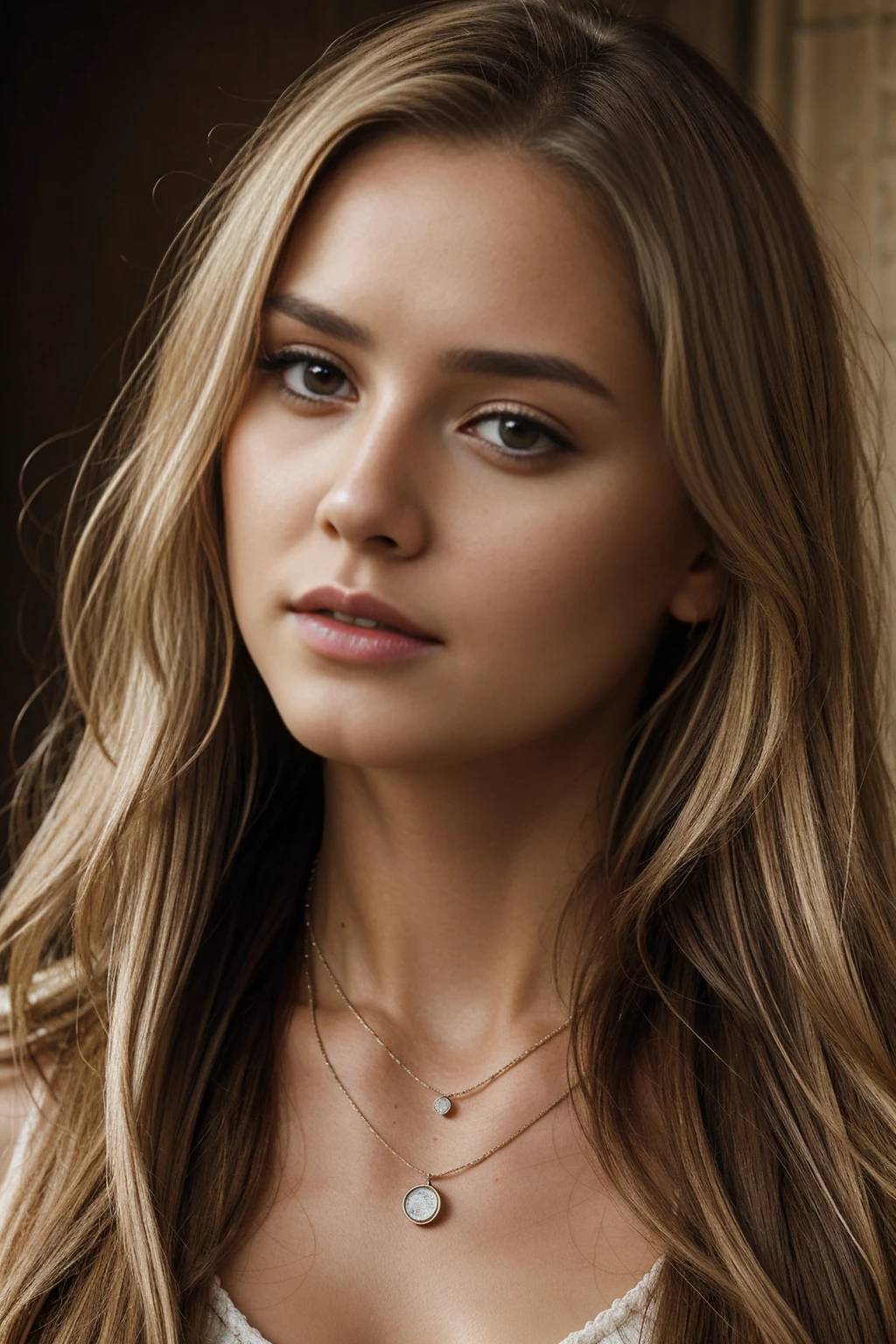 1girl 16 year old, solo, long hair, big breasts, looking at viewer, blonde hair, brown eyes, jewelry, full body, necklace, lips, realistic, nose, realistic, high detail, 4k photo, high detail, perfect anatomy, perfect symmetry, soft lights, nice butt, realisticlying,blonde hair, hdr,Extremely high image quality,Cinematic footage, close up photograph of face, lifelike texture, rich colors, skin texture, HD