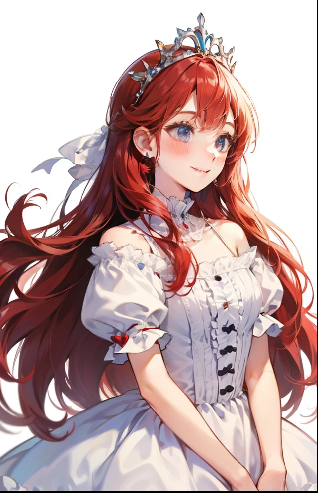 girl、white background、no background、Red hair、long hair、Contrasting bangs、white dress、ribbon、frills、tiara、crown、tiaraを持っている、Rich man、Princess、blush、smile、cute、no background