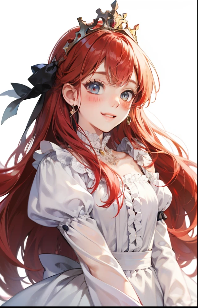 girl、white background、no background、Red hair、long hair、Contrasting bangs、white dress、ribbon、frills、tiara、crown、tiaraを持っている、Rich man、Princess、blush、smile、cute、no background