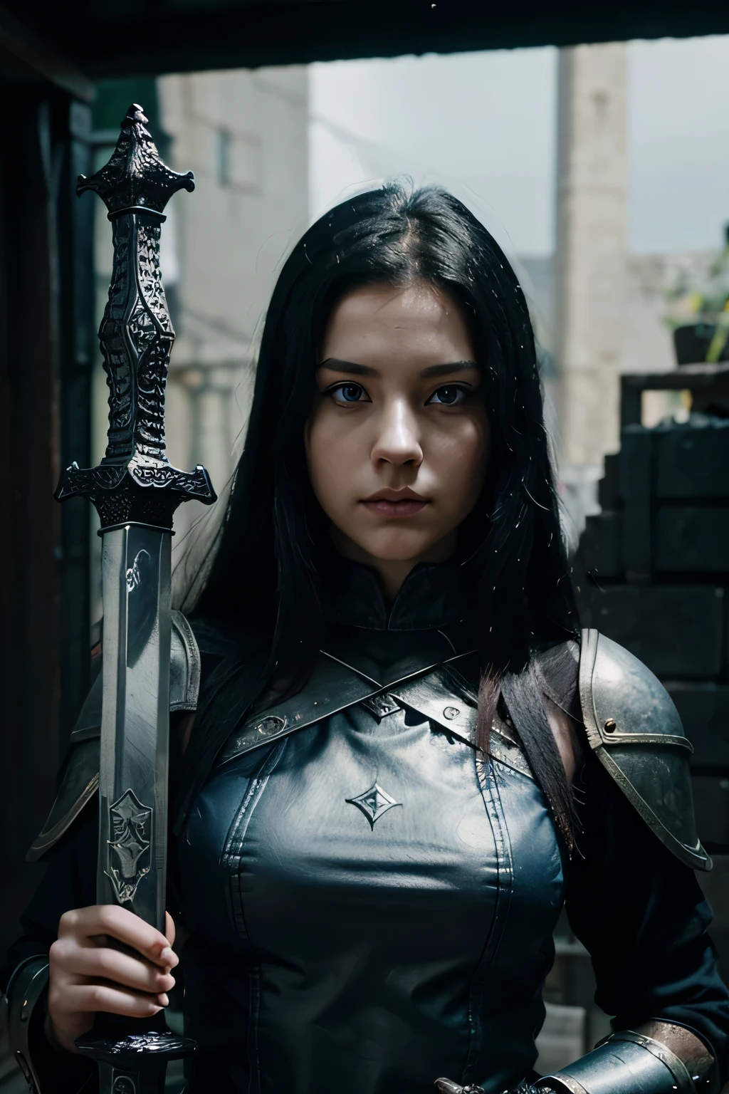 Sword World RPG style, nightmare, mercenary, young woman, 22 years old, White skin, blue eyes, black hair, long sword