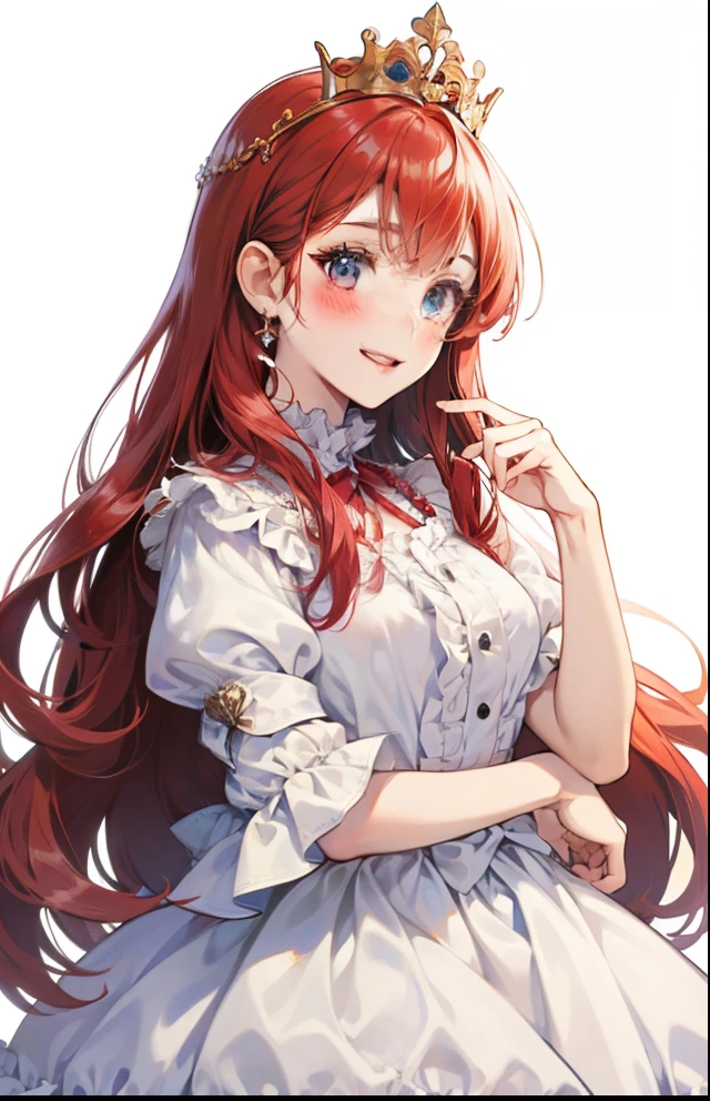 girl、white background、no background、Red hair、long hair、Contrasting bangs、white dress、ribbon、frills、tiara、crown、tiaraを持っている、Rich man、Princess、blush、smile、cute、no background