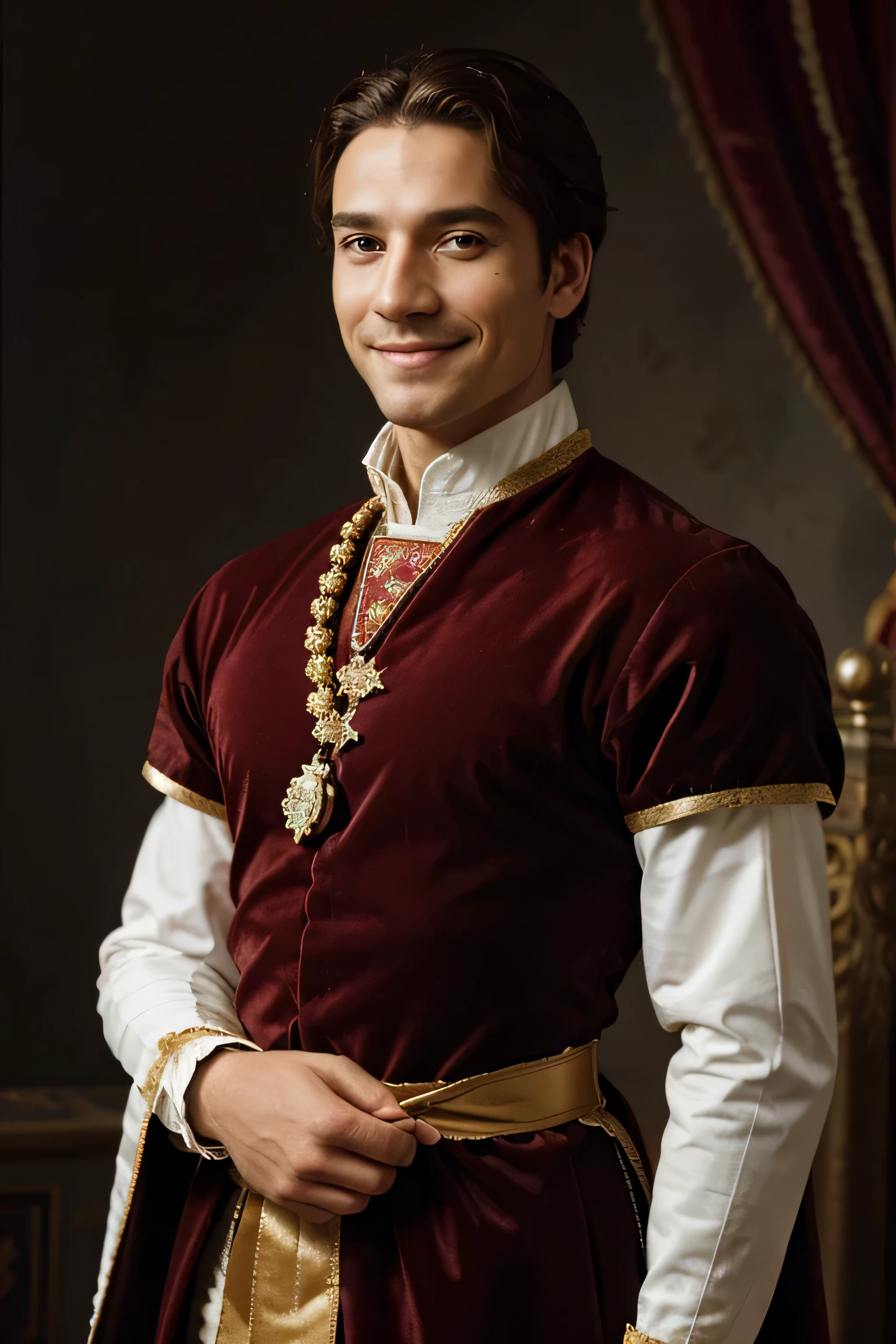 renaissance portrait of a man smiling looking at the camera in royal costume