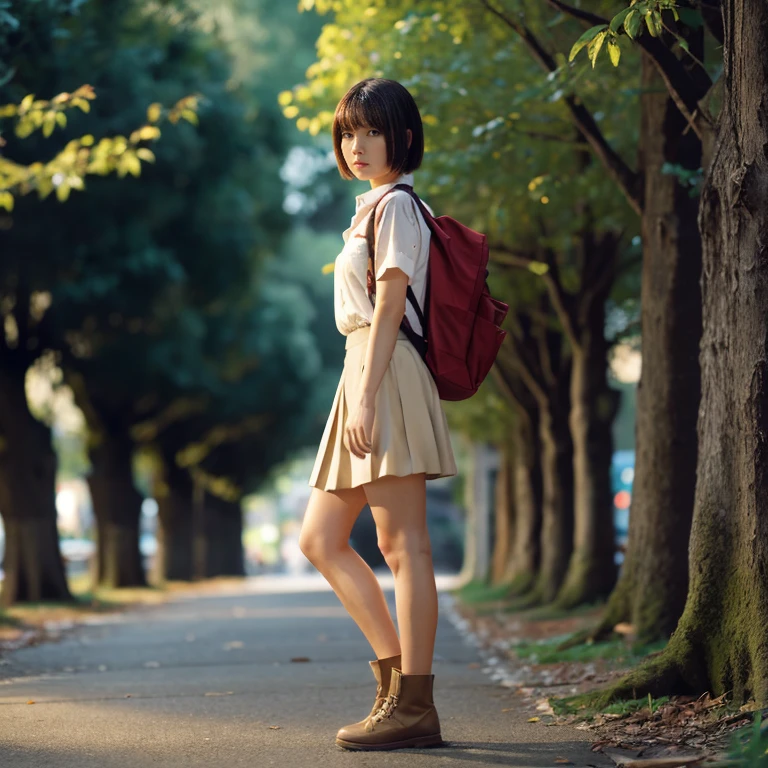 beautiful girl,pixer style,beige military shirt,Beige knee-length pleated skirt,red backpack,baby face,Brown short boots,dark brown hair,medium hair,Splattered bristles,bangs,white skin,anxious look,night,dark forest,Big tree,The wind is blowing,Black bird,World of Shadows,lanthanum,some orbs,Aori composition,mysterious,perfect composition