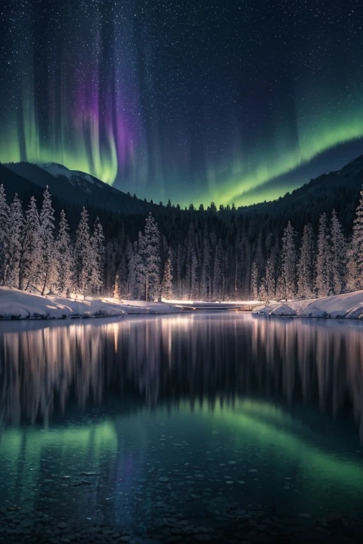 (A masterpiece with resolutions up to 16K), best quality,(((intricate details:1.4))), (((Extremely crazy details:1.4))),(Quality of 16k Unified Highly Detailed CG wallpaper),(Soft Colors 16k Highly Detailed Digital Art),super detailed. | stunning reflection, The best reflection ever, (Glitter), (particle effects), Isometric 3D, octane rendering, laser tracing. | cold winter full of snow,a frozen lake with dim light,The night sky is filled with aurora borealis of many colors which are reflected in the lake,a shooting star can be seen, dense forest