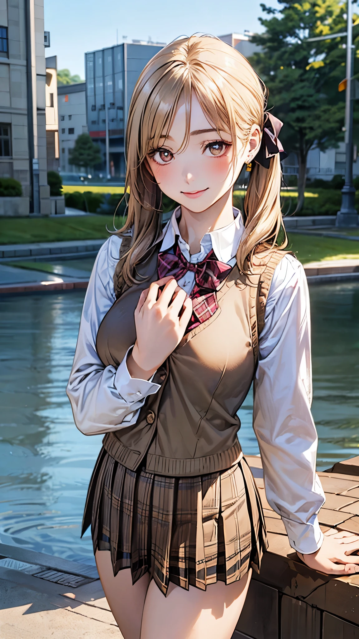 (masterpiece:1.2, top-quality), (realistic, photorealistic:1.4), beautiful illustration, (natural side lighting, movie lighting), 
looking at viewer, cowboy shot, front view:0.6, 1 girl, japanese, high school girl, perfect face, cute and symmetrical face, shiny skin, 
(long hair:1.8, twintails:1.7, blond hair), parted bangs, gold eyes, long eye lasher, (large breasts:0.8, thick thighs), 
beautiful hair, beautiful face, beautiful detailed eyes, beautiful clavicle, beautiful body, beautiful chest, beautiful thigh, beautiful legs, beautiful fingers, 
((long sleeve white collared shirts, light brown plaid pleated mini skirt, socks, brown loafers, red pleated bow tie, beige sleeveless knitted vest)), pink panties, 
(beautiful scenery), evening, riverside, walking, hands on chest, (lovely smile, upper eyes), 