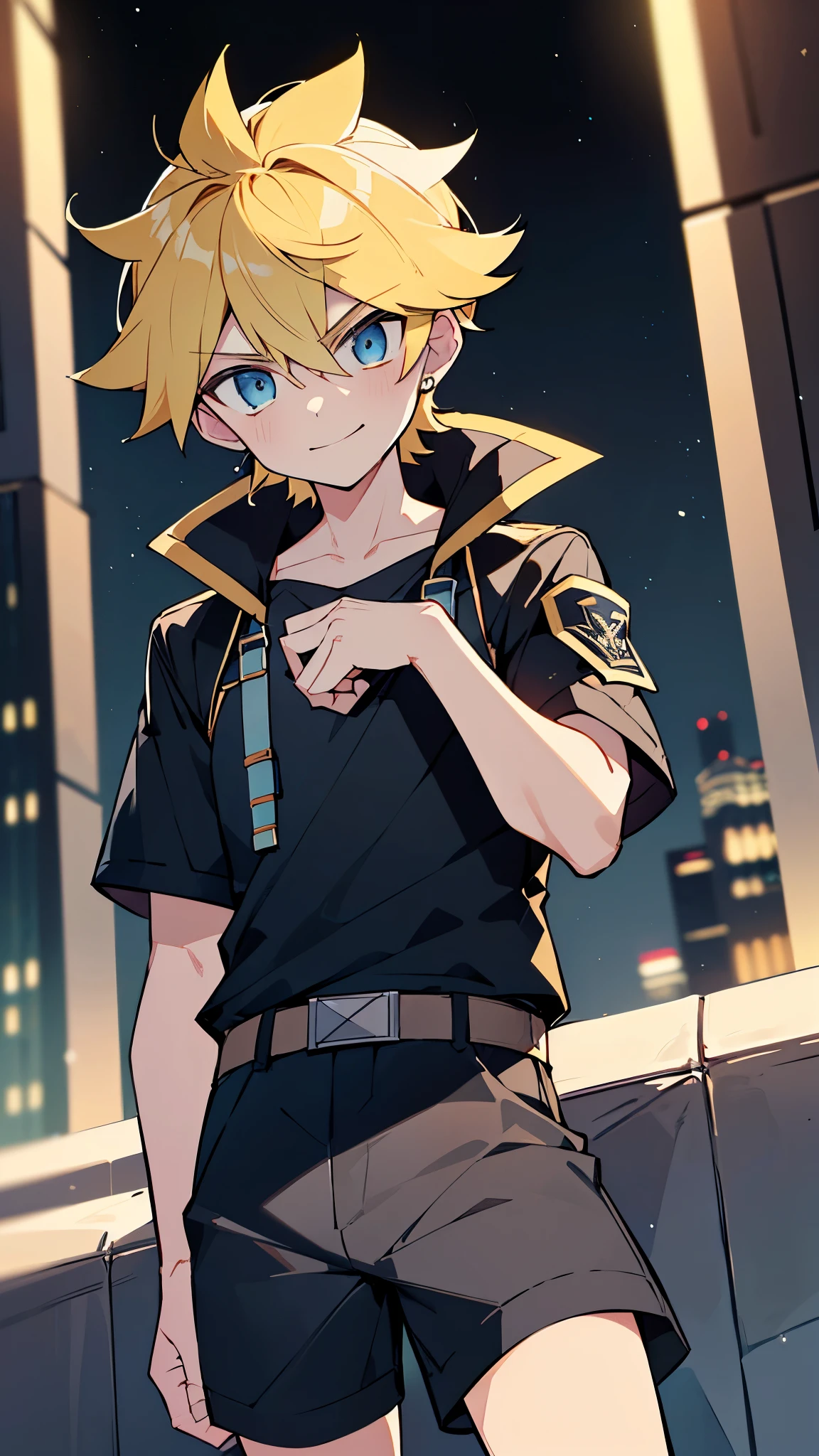 highres,wallpaper,solo,,1 boy,original,illustration,blue eyes,yellow hair,masterpiece,male,male focus,boy, ((masterpiece)),(((best quality))), (high-quality, breathtaking), (expressive eyes, perfect face), 1boy, solo, male, short,, on top of building, night sky, dark, buildings, (wear short shorts), smirk,shorts:1.3,(black combatant uniform:1.1,bulge:1.4,dark power:1.3,sentai,black:1.3, all black outfits:1.1,erect under pants),