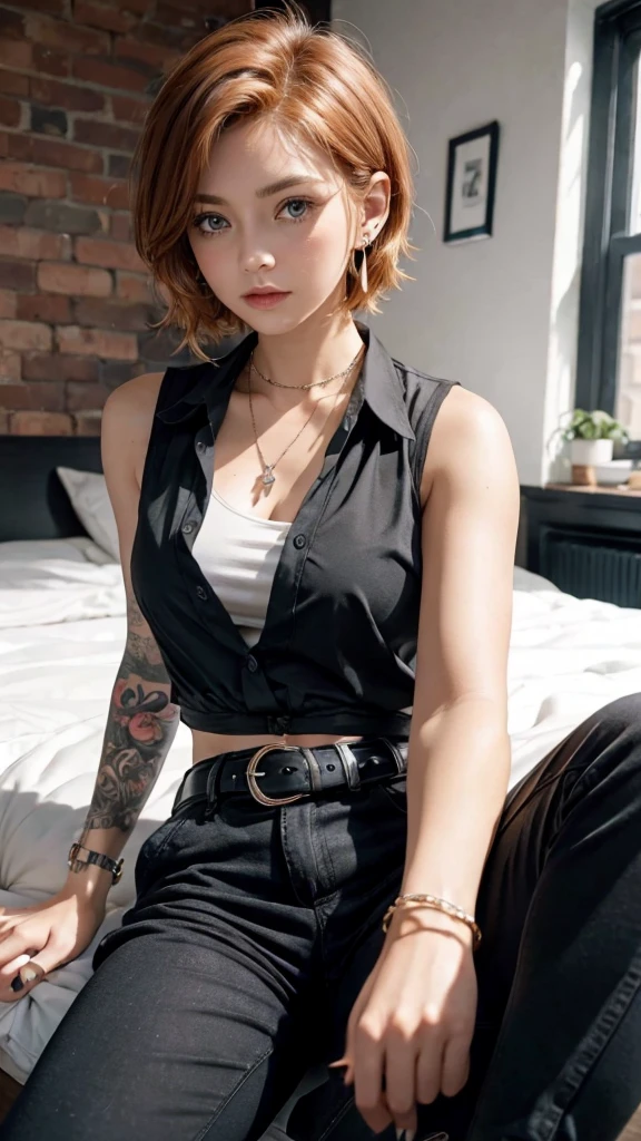 (masterpiece), highest quality, Girl sitting by the window, Emotional, emo girl,Sad girl, redhead,cute, quick wit, close,short hair, blue eyes, black clothes, sensual, (shining eyes), aesthetics,style, stylish, earrings, cheerfulness,Naughty, Naughty,  smug, Excellent, Ear Nipple Ring,  the wallpaper, 4K, wall, nice, bad, cropped shirt, defined abdomen, sexy, belt, Black pantsuit, comfortable,  

Break she uses a sleeveless shirt, She wears a cropped white shirt, She wears a necklace, she has a tattoo on her arm, she has tattoos on her abdomen, she was wearing black pants