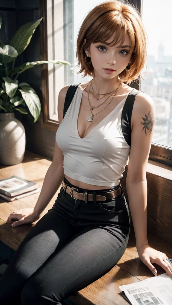 (masterpiece), highest quality, Girl sitting by the window, Emotional, emo girl,Sad girl, redhead,cute, quick wit, close,short hair, blue eyes, black clothes, sensual, (shining eyes), aesthetics,style, stylish, earrings, cheerfulness,Naughty, Naughty, smug, Excellent, Ear Nipple Ring, the wallpaper, 4K, wall, nice, bad, cropped shirt, defined abdomen, sexy, belt, Black pantsuit, comfortable,
Break she uses a sleeveless shirt, She wears a cropped white shirt, She wears a necklace, she has a tattoo on her arm, she has tattoos on her abdomen, she was wearing black pants