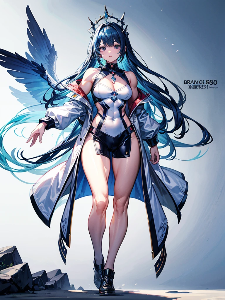 (((masterpiece、Highest image quality、highest quality、highly detailed unity 8kwallpaper)))、((Illustration of one girl))、(((beautiful girl)))、blue hair、stocky build, thickset physique:1.3, muscular legs, broad shoulders, solid chest、white clothes