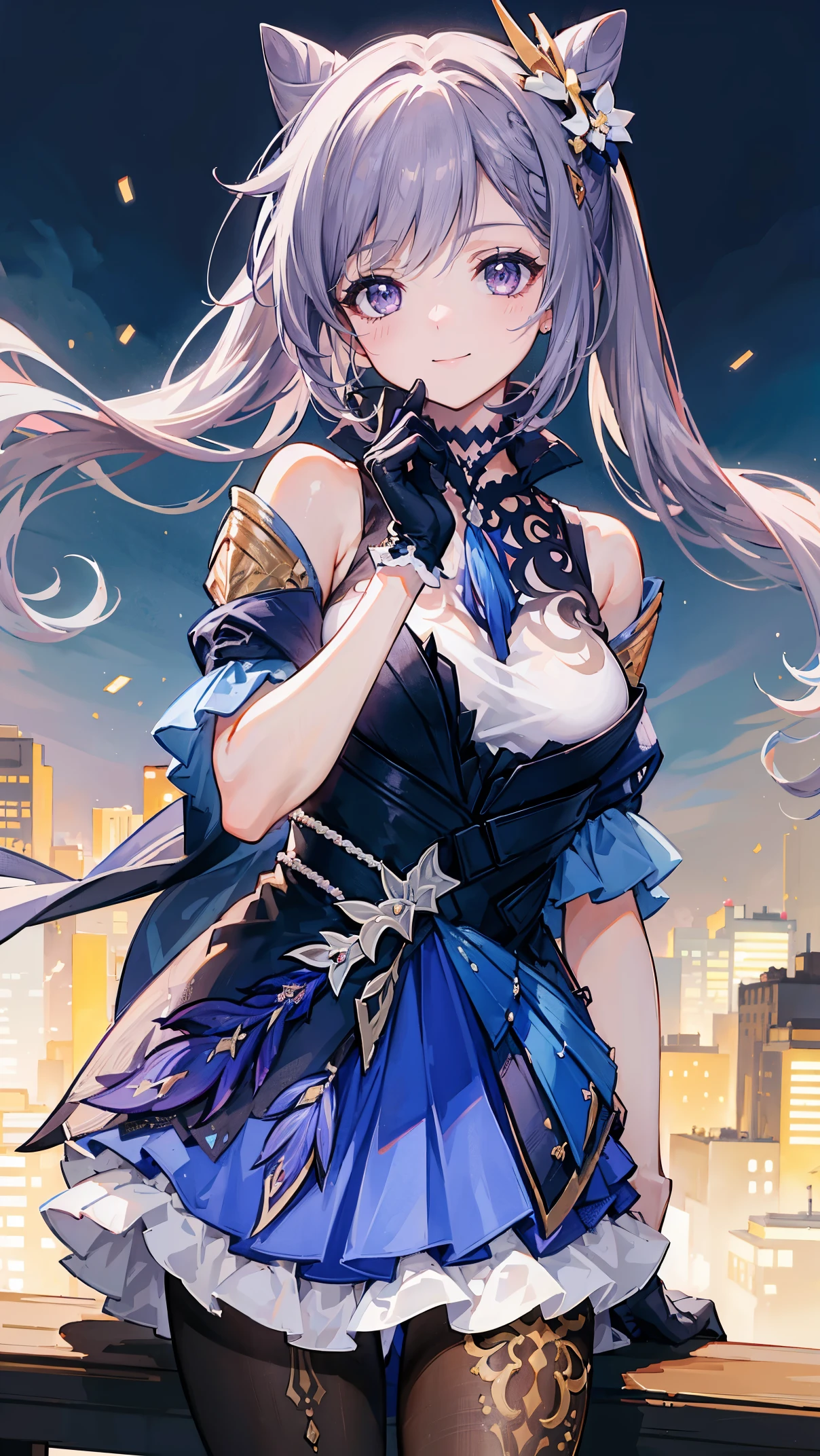 1 girl, Lovely, whole body, Uniforms, city background, simple background, looking at the audience, Smile, Lovely face, 8k, masterpiece, Ray tracing, beautiful details, expressive eyes, perfect eyes, best quality,White silk pantyhose