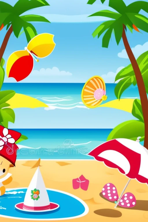 A Hello Kitty beach vacation illustration, with Hello Kitty in a beach hat and sunglasses, enjoying the sun and sand, palm trees swaying in the background, Illustration, digital art with a bright and summery color palette, 