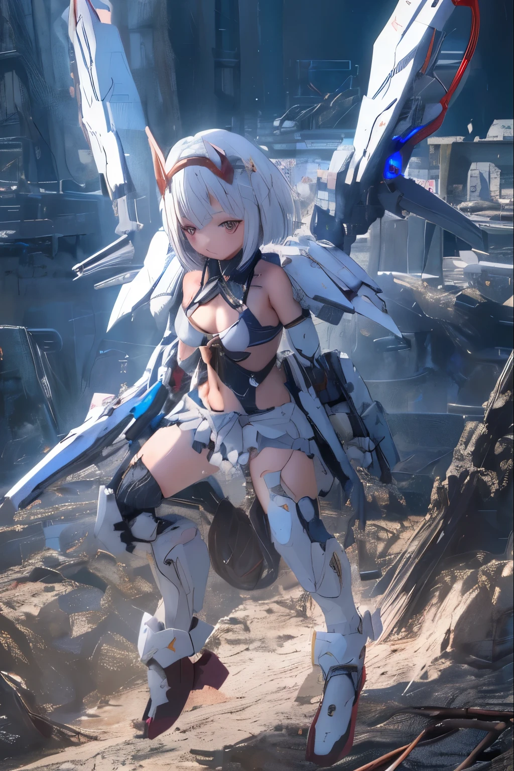 (highest quality)), ((masterpiece)), (very detailed: 1.3), 3D, {(japanese young girl)}, ((wears a futuristic Gundam mecha)),(Gundam), with headgear, with v-fin , ((unarmored cleavage)), ((unarmored stomach)), ((unarmored upper arms)), ((unarmored face)), (unarmored hands), (unarmored waist), ((unarmored thighs)), (unarmored ankles), japanese girl wear light blue and white striped pantie under armor,destroyed city background, multilayer textureperfect proportions, octane rendering, duotone lighting, Low ISO, wide aperture, White balance, Rule of thirds, ultra HD16k, HDR (High Dynamic Range), Ray Tracing, NVIDIA RTX, Super Resolution, Subsurface Scattering, PBR Texturing, Post Processing, Anisotropic Filtering, Depth of Field, Maximum Clarity and Clarity, High efficiency subpixel, subpixel convolution, particles of light, light scattered, Tyndall effect, full body:1.5, battle pose, cute, (cute:1.2), (bob cut:1.3),三つ編み, 黒髪, 太い眉毛, 薄い色の虹彩, 大きくて輝いている黒い瞳, 長いまつげ, 小さく薄い色の自然な唇, (Average face of Japanese idols), (日本人特有の童顔:1.3), (baby face), 広いおでこ:1.2, ふっくらした頬, 小さな顎, visible side boob, (mechanical wings), holding weapon,holding huge weapon, holding Very large shield, , asymmetric body,looking at viewer,Focus on the eyes,with sleek and menacing design, 