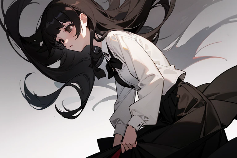 1 girl, masterpiece, highest quality, white shirt,long sleeve, dark, atmosphere, Spooky, literature, art, long bangs,long head of hair,,Apple,black eyes,black hair,gloom,school uniform,Black long skirt,curly hair