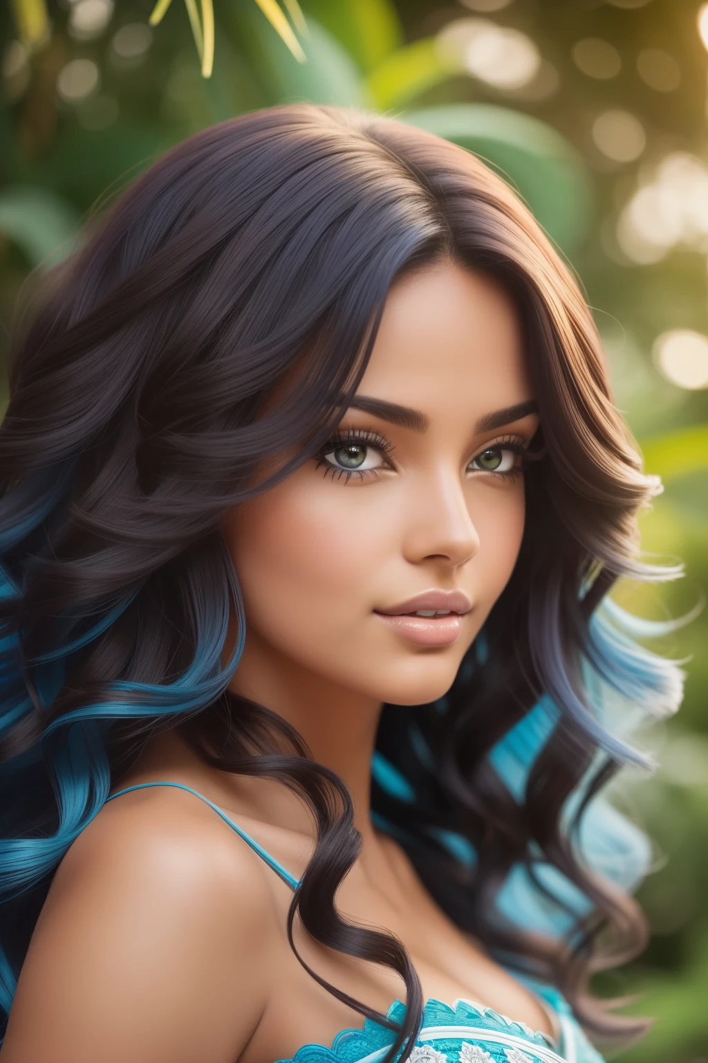 Create a captivating female character with Brazilian features, her hair boasting a casually tousled blue hue called "cabelo cacheado." Her clear complexion, or "pele clara," radiates with a natural glow. Her deep brown eyes, "olhos castanhos," captivate with their intricate details and expressiveness. This striking beauty stands before you, her image a raw UHD portrait of pure charm and allure.
((Best quality, 8k, Masterpiece, Sharp focus, 35mm lens, f/1.2, Brazilian beauty :1.3)), side lighting, ((Brazilian curls, blue tint:1.