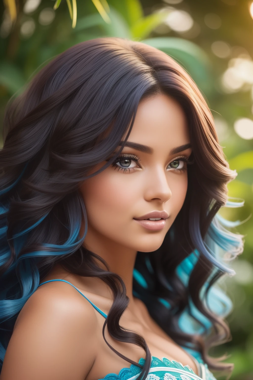 Create a captivating female character with Brazilian features, her hair boasting a casually tousled blue hue called "cabelo cacheado." Her clear complexion, or "pele clara," radiates with a natural glow. Her deep brown eyes, "olhos castanhos," captivate with their intricate details and expressiveness. This striking beauty stands before you, her image a raw UHD portrait of pure charm and allure.
((Best quality, 8k, Masterpiece, Sharp focus, 35mm lens, f/1.2, Brazilian beauty :1.3)), side lighting, ((Brazilian curls, blue tint:1.