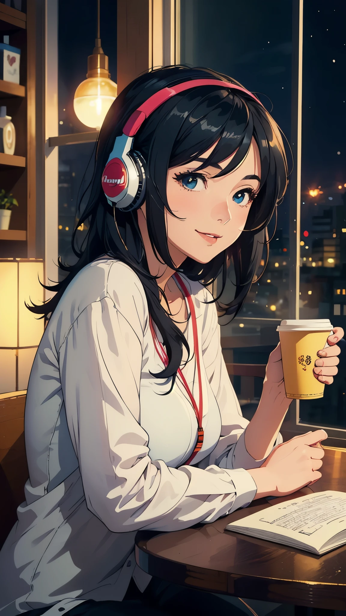 (best quality,masterpiece:1.2),detailed,perfect face,girl with black hair in a cafe,with a cup of coffee on the table,reading a book,huge windows,2D anime style,illustration,soft lighting,vibrant colors,night,night peaceful atmosphere,cozy background,expressive eyes,warm smile,flowing hair,headphones on,bright-eyed,likeable character