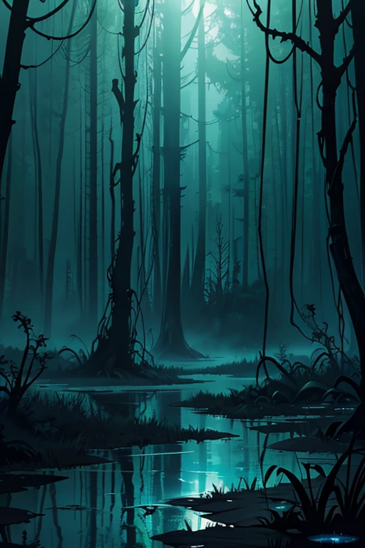 A creepy swamp, horror, dramatic lighting, 4k, Volumetric lighting, global ilumination, octan render, Estilo-SwampMagic, Eldritch, cosmico, energia escura, glowing lights, neon plants, acrylic paint, brush stroke, mixed media