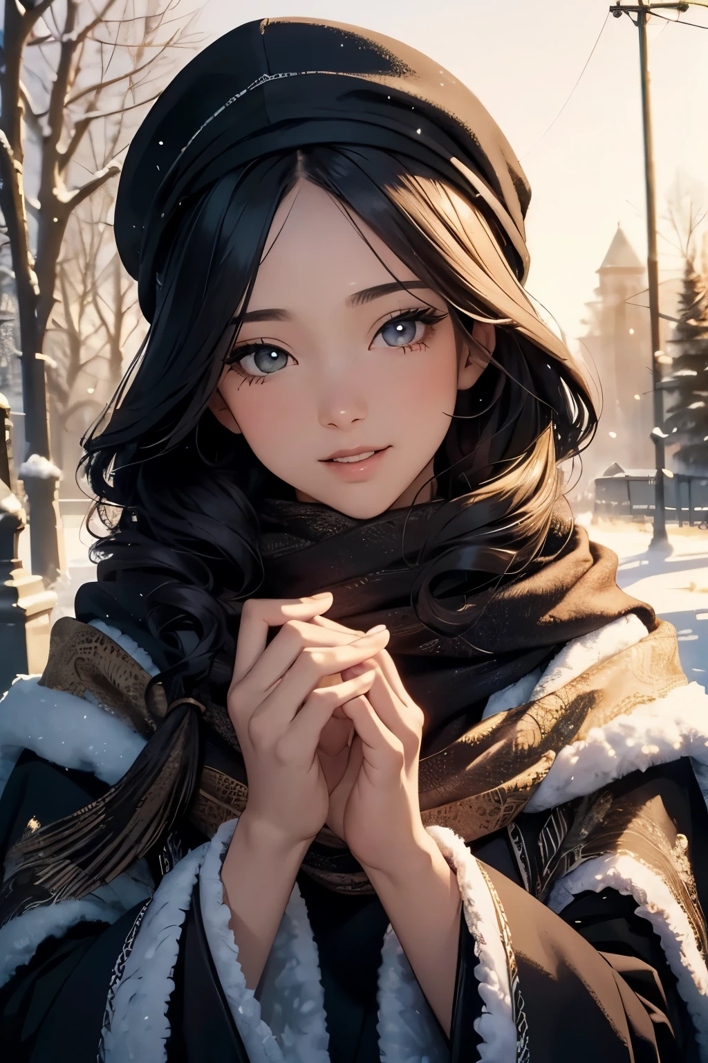 Masterpiece, ultra-high definition, close-up, shadow art, play of light, that perfectly captures the intricate details and textures, a beautiful woman with black curly hair wearing a white cap and scarf, wrapped in an animal print warm winter coat, her face expressing delight and fascination. Sharp focus enhances the fine details of her eyes and the beautiful details of her hands and fingers, creating a mystical and luminous effect. The background is a vibrant and cinematic winter landscape, full of life and movement, with the sun setting behind the trees, casting long shadows and painting the scene with warm colors. The entire art piece, reminiscent of a detailed storybook illustration,