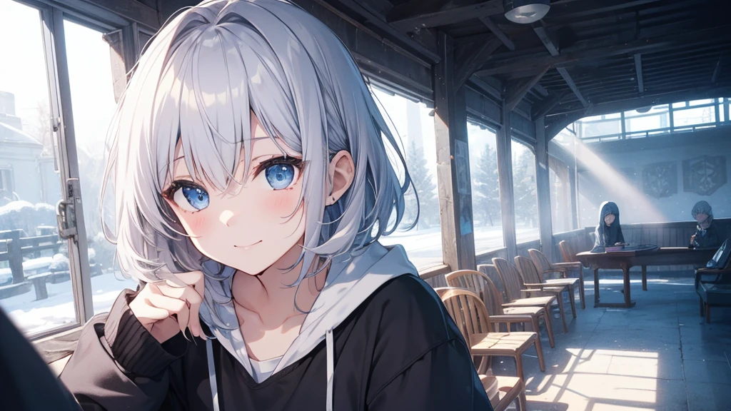 super high quality, with a girl, 20-year-old, very short hair, long bangs between the eyes, pale blue eyes , blue sky, sunlight, very detailed,(masterpiece、highest quality)、alone、gray hair、laughter、White skin as clear as snow、fantasy, silver hair, black eye, beautiful eyes,, ecstasy, charm, be smitten with audience, fantasyな風景、evening、white hoodie、black shirt