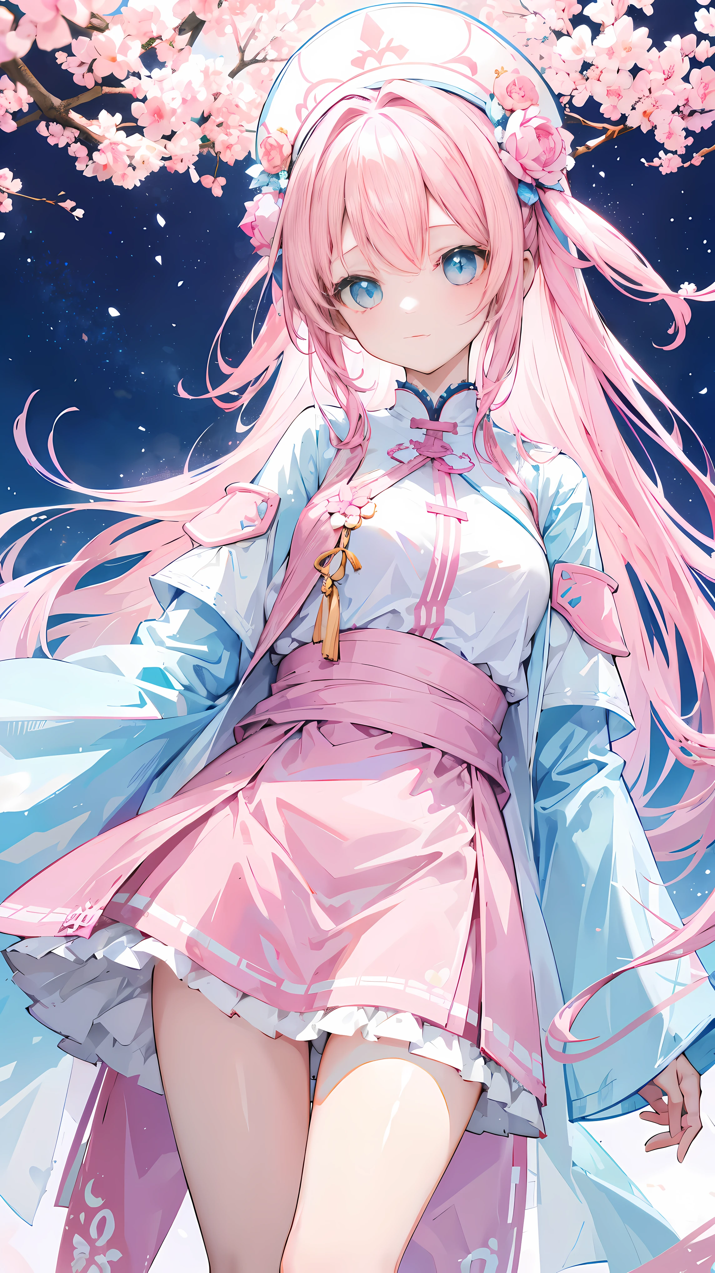 Light pink and white long hair,blue, White and pink clothes,She is a cute and lovely girl,Forward to senior sister,Looks very light and gentle